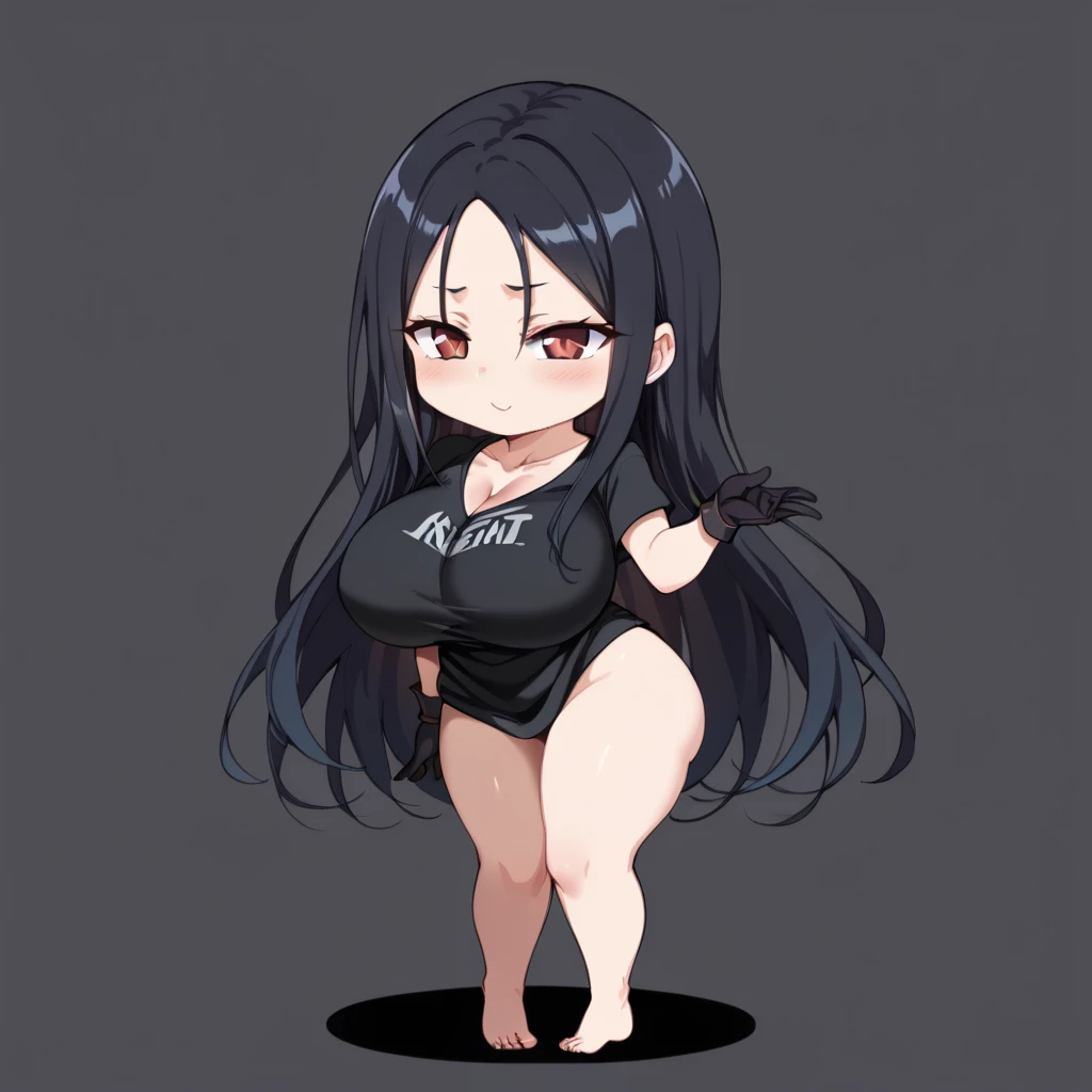 art by kipteitei, Blake, black combat outfit, black leggings, long black hair, cat ears, obese body, round belly, intimate, looking to the right, smiling face, anime, hands behind body, no extra limbs, no extra fingers, 1girl, age 20