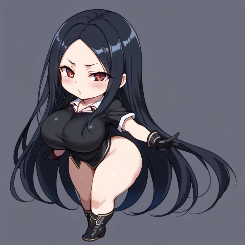 grey background, solo, 1 girl, very long hair, black hair, angry, yellow eyes, muscular, huge tits, thick thighs, wide hips, pale skin, standing, slick hair, curvy, hoodie, thong