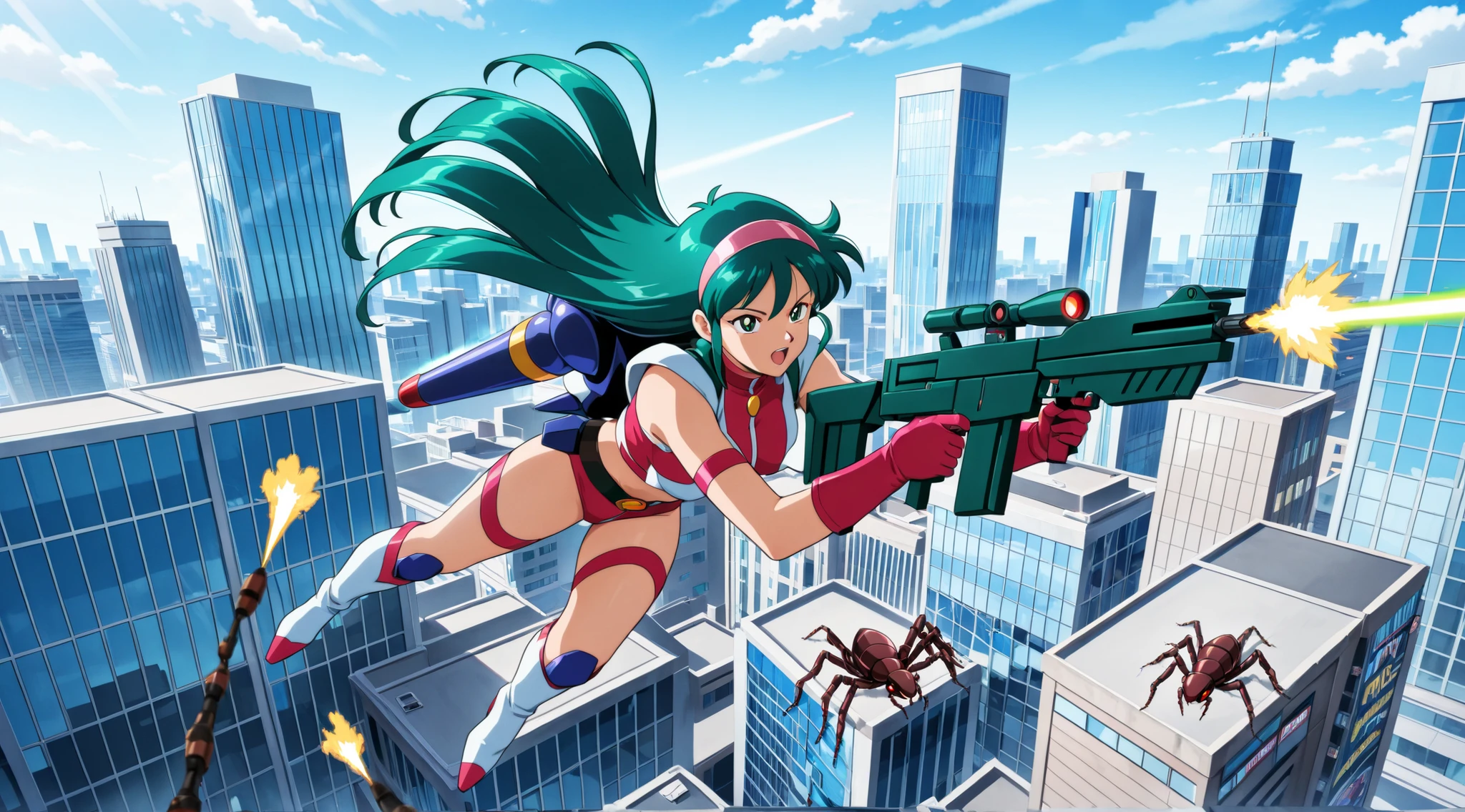 Time Gal with long green hair, wearing a jetpack flying over a city, firing a laser rifle, many giant ants crawling on the buildings, in full view in a highly detailed anime style