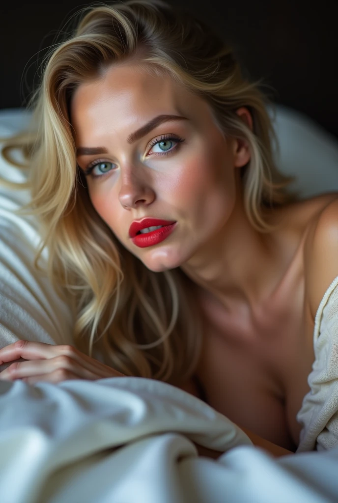 Blonde Frau, wears red underwear, lies on a white bed,