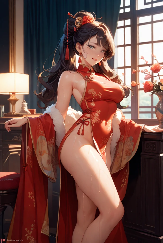 (((professional: Step by step, taking into account even the smallest detail, God-level final result, all intricate details, cowboy shot, solo 1girl view))): "1 fox girl, ruby eyes, fox ears, fox tail, high ponytail, firm breasts, medium breasts, smug, cute, short black china dress, very low-cut, (light clothing very thin and transparent like air), side full body, pelvic curtain, thigh ribbon, (pumps:1), (hugging own leg:1.1), chinese style, indoors, sharp focus, see nude, covered body, looking at viewer, (intricate:1.3), red light theme, (orange tone:0.7), illustration, "