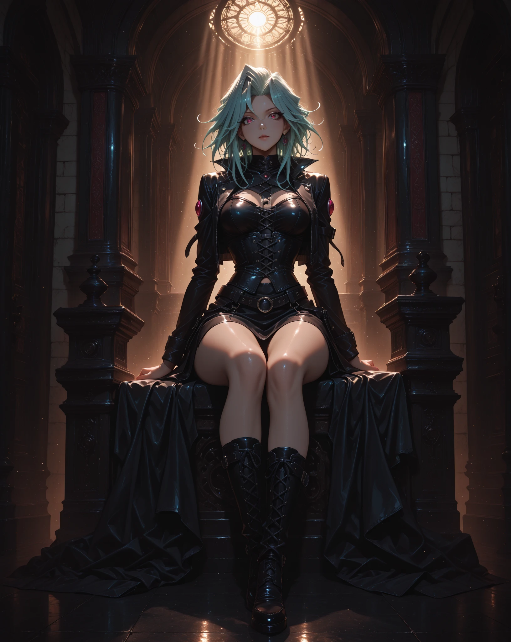 Green Hair、Shortcuts、woman、bad expression、Throne、sit、Crossing your legs Shine、Black World、Background: Huge spears、anime