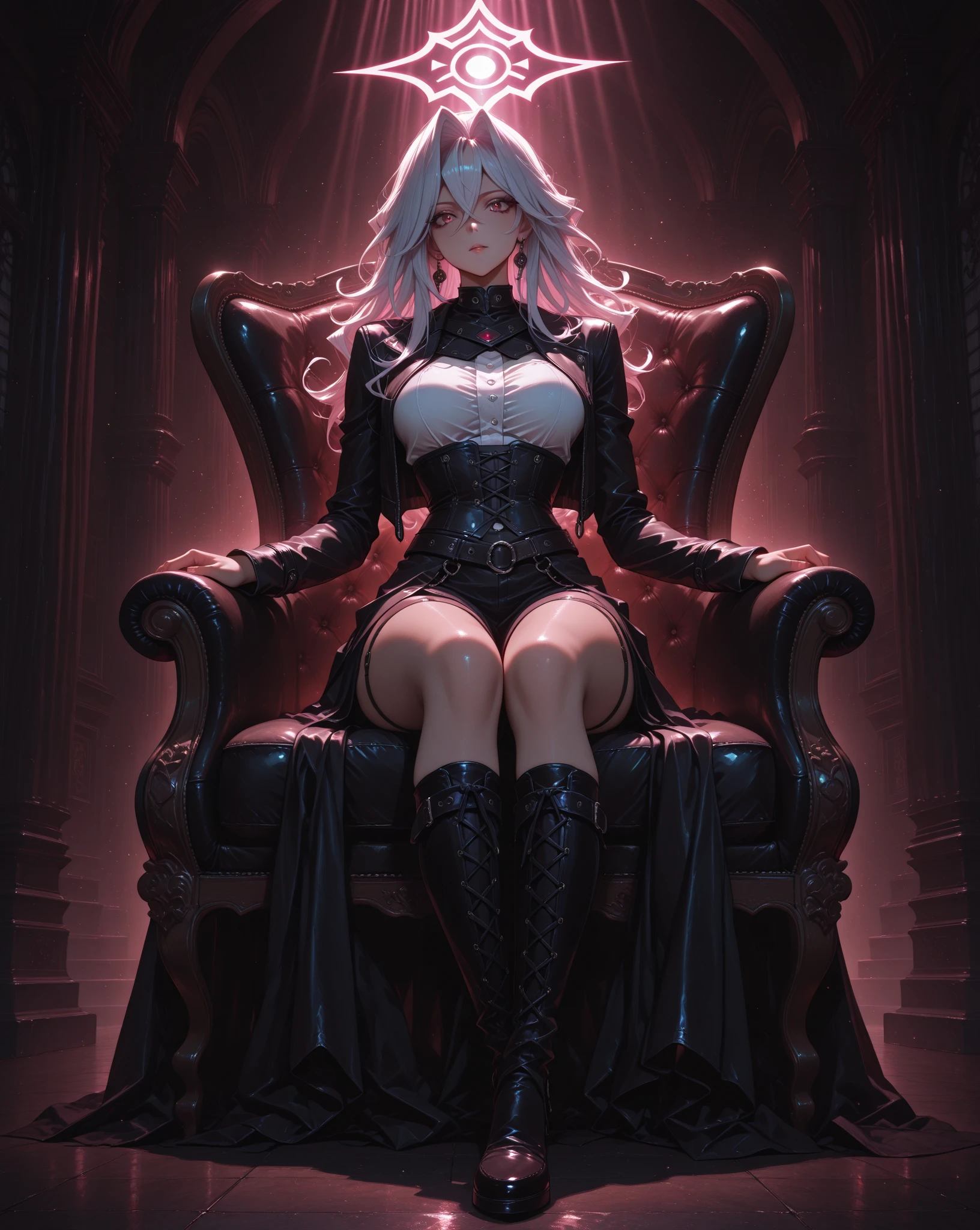 1 confident woman with floor-length pink hair, huge and big breasts, Futuristic royal costume in white with black and gold details, tall woman, blue detailed eyes, sitting on throne of skulls , judgmental look, golden metal skulls, sovereign pose, cyberpunk queen