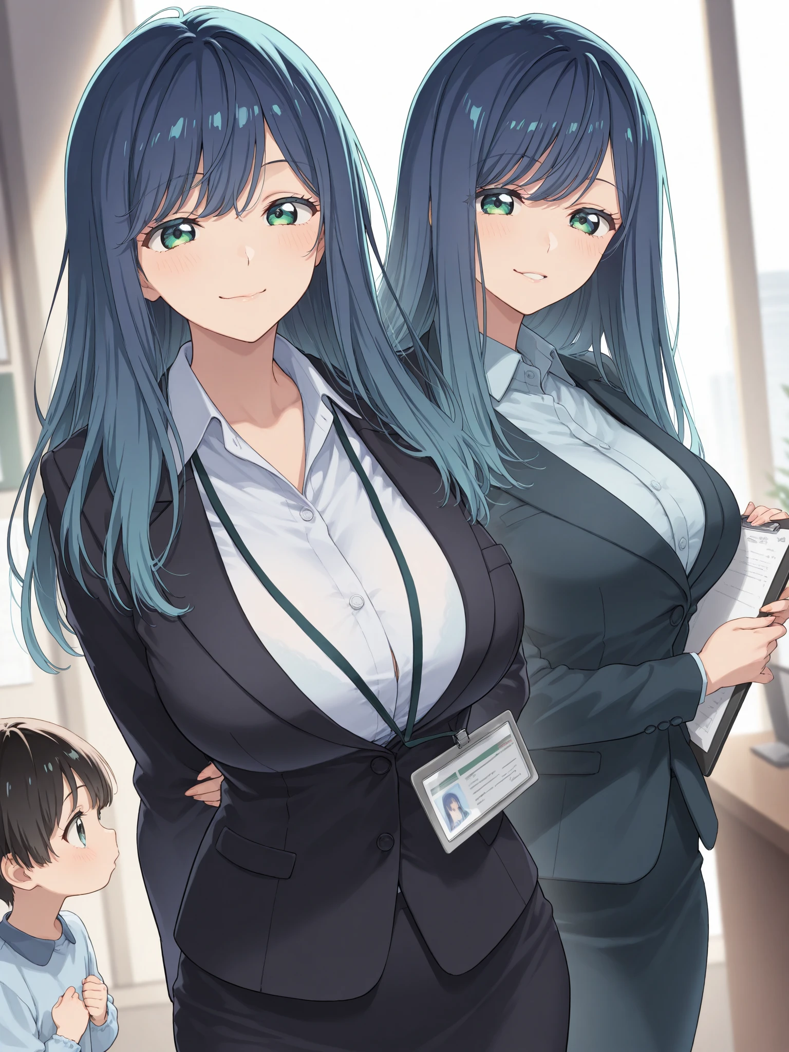 stretch、Black business suit、woman、Blue Hair、office