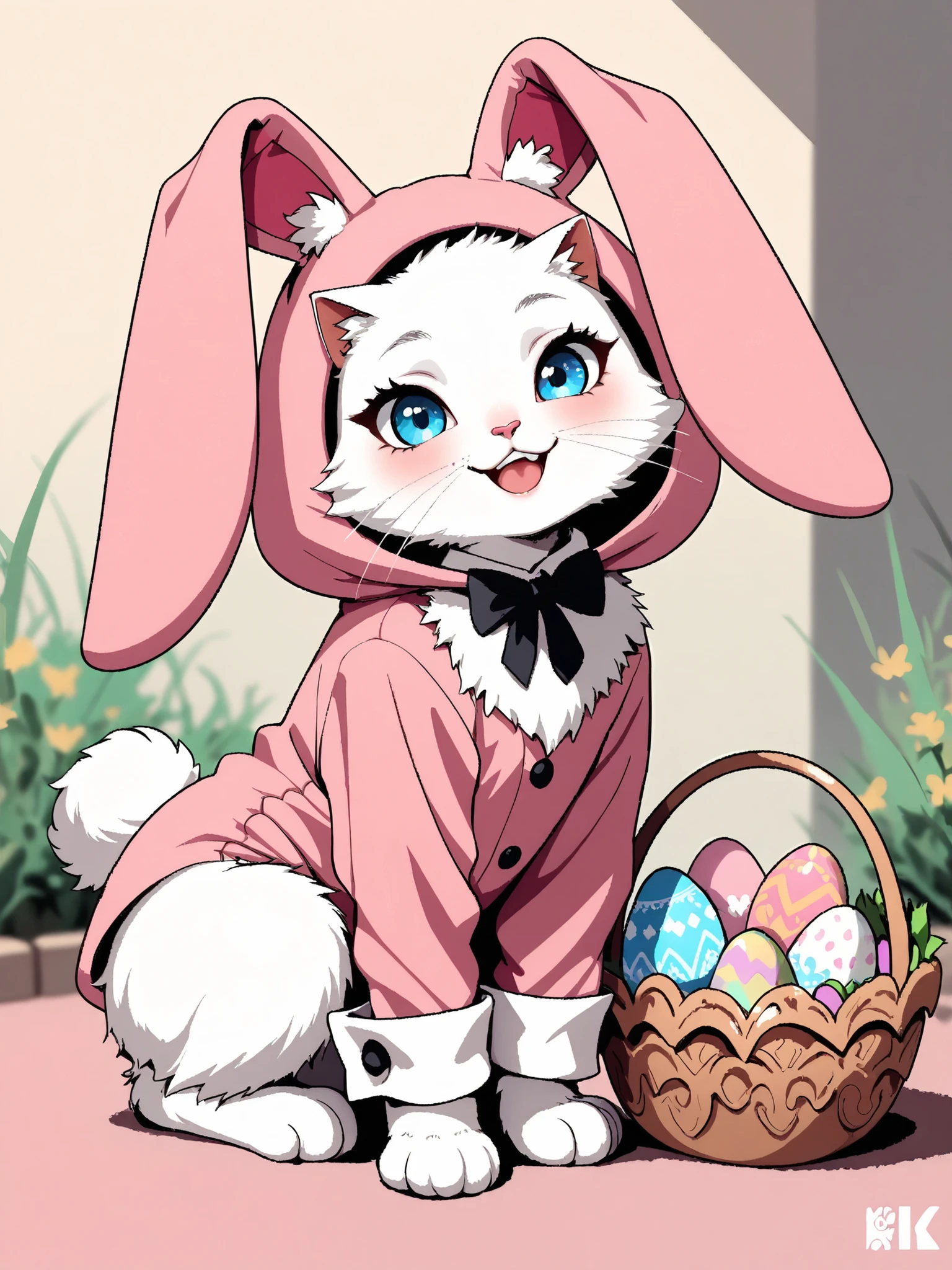 masterpiece, good quality, amazing quality, very aesthetic, anime, highres, absurdres, 16K resolution. | Kitten with fluffy white fur, wearing bunny costume for kitten, ((easter bunny costume):1.3), happy expression, easter egg basket. Miao_Kitten.