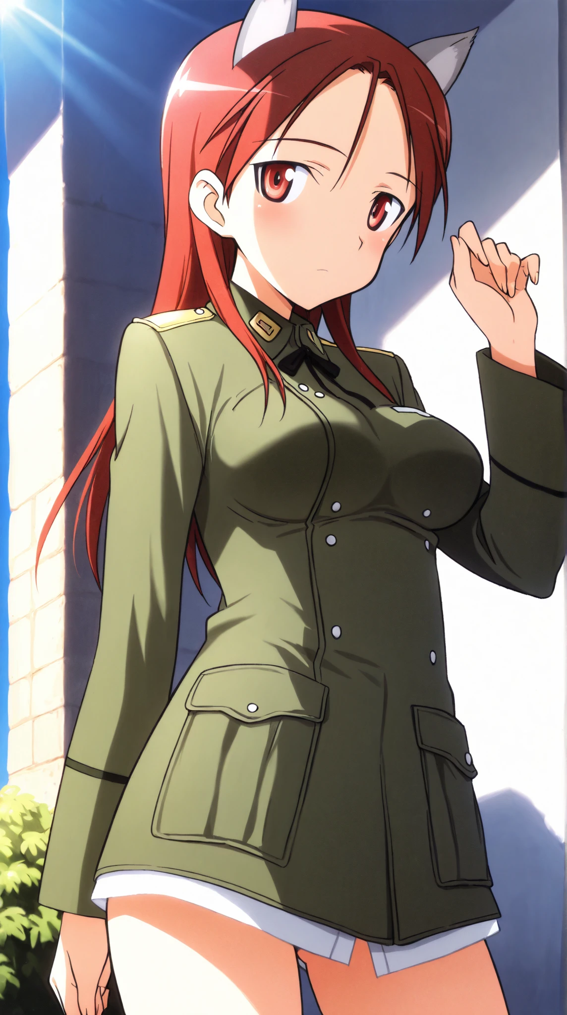 masterpiece, best quality,
charlotte e. yeager, 1girl, uniform, open mouth,
no pants, outdoors,
<lora:strike-witches-501st-charlotte-e-yeager:0.8>