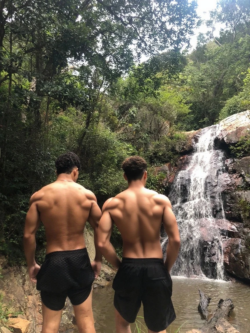 add another effeminate shirtless gay man who is very thin, hugged, kissing, Whole body