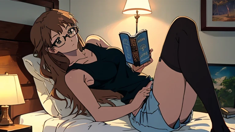 A deer girl, brown hair, brown eyes, glasses, massive breasts, wide thighs, plump butt, wide ass, naked, nude, areolas, nipples, concept art, character model, zoom level, cel shaded, full body, best quality, beautiful woman, indoors, soft lighting, plants in background, window with sunlight, cozy room, relaxed pose, realistic, reading a red book