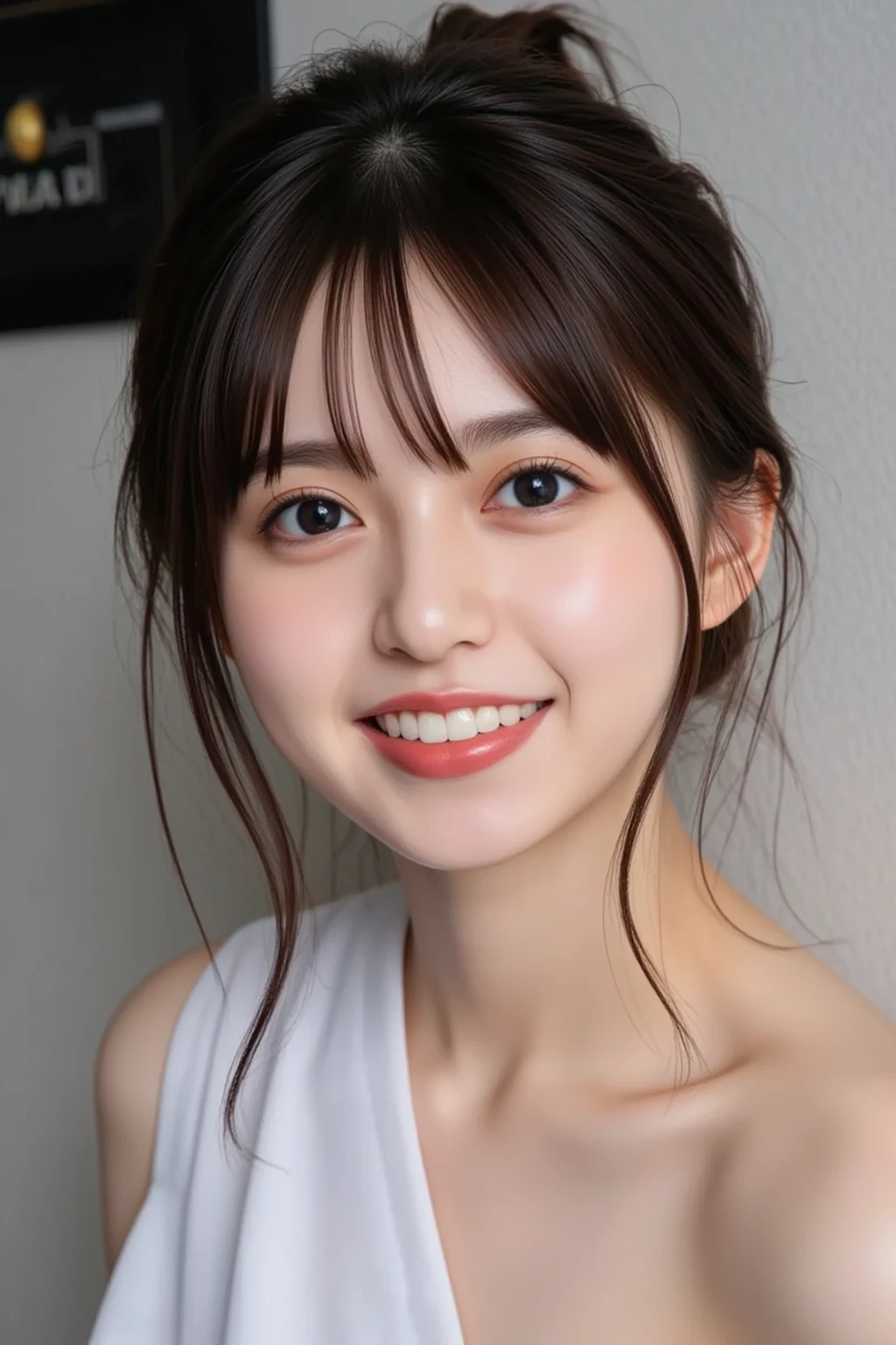 masutepiece, Best Quality, 8K, 8years old, Teen, Raw photo, absurderes, award winning portrait, Smile, Solo, Idol face, Delicate girl, Upper body, Digital SLR, Looking at Viewer, Candid, Sophisticated,Thin arms, Professional Lighting, Film grain, chromatic abberation, (Eyes and faces with detailed:1.0), (Bokeh:1.1) , (Neat and sheer nightgown:1.1) , closes mouth , A dark-haired , drooing eyes , large full breasts , (Thick lip:1.2) , 15-year-old face , red-lips , de pele branca