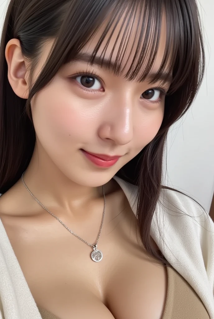 (In 8K, Raw photo, highest quality, Masseter muscle area:1.2), Ultra-detailed, Ultra-high resolution, (Realistic, Realistic photos:1.37), Portrait, High-resolution RAW color photos, Professional photography, hVery detailed and beautiful, Very detailed, 8k wallpaper, Incredibly detailed, Large file size, Official Art, hVery detailed beautiful girl, Very detailed顔, Very detailed目, Very detailed skin, Very detailed指, hVery detailed nose, Very detailed mouth, Perfect Anatomy, Detailed Background, Detailed clothing, ((1 girl)), 20th Generation, Realistic body, , White skin, Glowing Skin, The body is slim, Black-haired, Beaver, Long Hair, (Blunt bangs: 1.2), Cute face, Delicate eyes, Source Order, (sweater), Appears up to the thighs, Earrings, (Look at the viewers), Cowboy Shot, Positive, Standing posture, Dynamic Lighting, A seductive smile, Thick lips, Fuller lips, Seductive face, Mischievous face