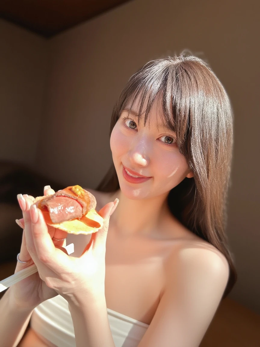 (((shot from above))),Cowboy shot, white skin, (masterpiece: 1.4), (best quality: 1.4), beautiful girl, ((nipples: 1.1)), cute smile: 1.2, teeth, ((big breasts)), ((model body) ) ), Japanese, 20 years old, cute face, (sad face: 1.2), ((bondage costume)), bondage, harness, O-ring, line of sight, short hair, barbecue, grilled meat on a griddle, ((full body) Wet water, wet hair)), (((a lot of grilled meat around the woman)))), (((lying on the iron plate, on her back))), (whole body: 1.6),,(((Exposed breasts))) ,(((Nipples exposed))),
