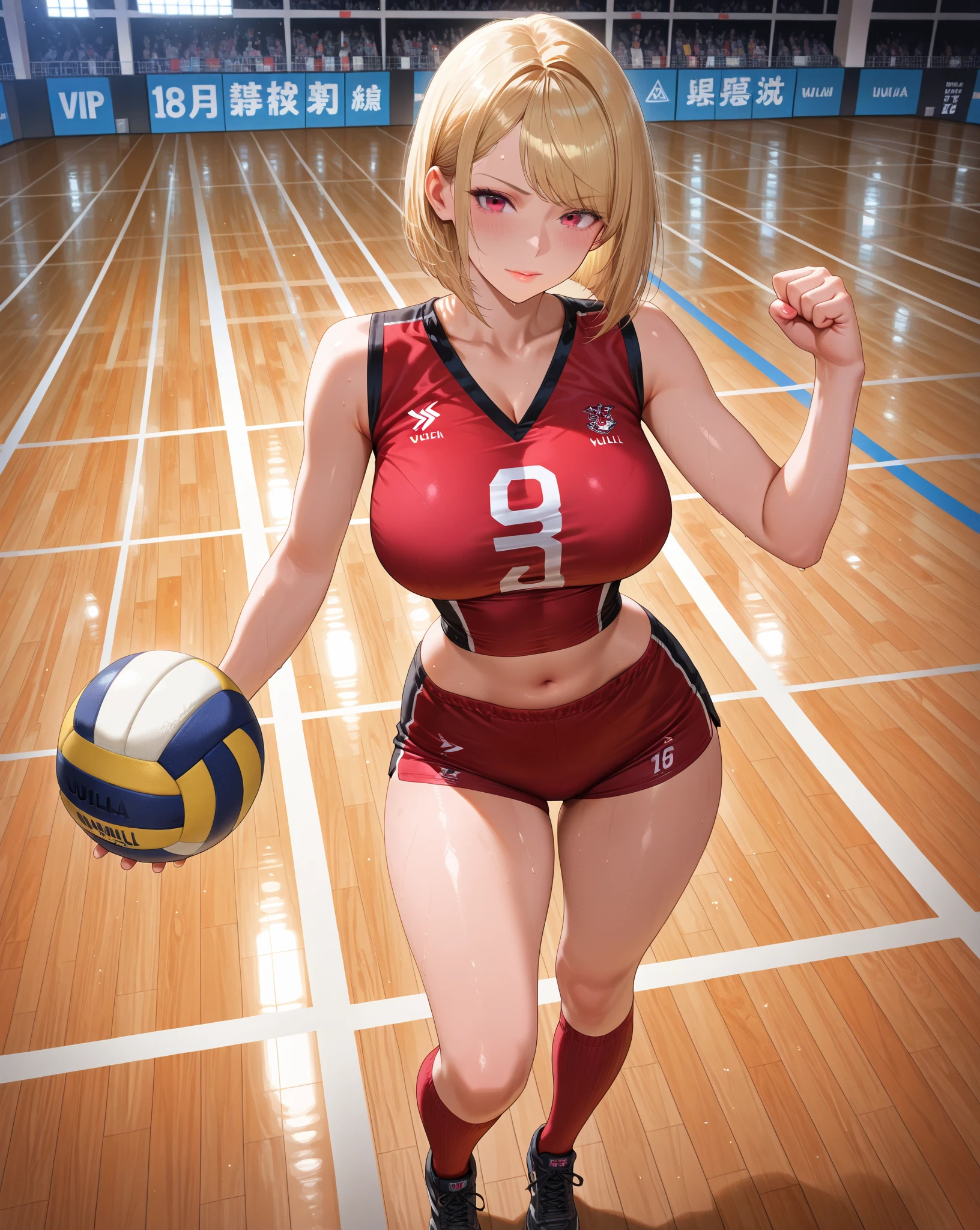 unity 8k wallpaper, anatomically correct, (((masterpiece))), (((best quality))), (((ultra detailed))), (((high-resolution))), ((super fine illustration)), ((Ultimate cutie)), detailed beautiful face, shiny hair, 18 years old, ((potbelly)), (curvy), medium breasts, ((Thick thighs)), sleeveless volleyball uniform, ((buruma)), ((knee pad)), (elbow pad), ((hold volleyball)), ((hold a 6-inch volleyball)), cowboy shot, in volleyball court, in school gymnasium,
BREAK, (Yuri), 2girls_A_and_B, A girl_have_{{blond ponytail}}_{hair bow}_{{happy}}_{smile},
BREAK, B girl_have_{black short hair}_ {hair bow}_{{{smirk}}}