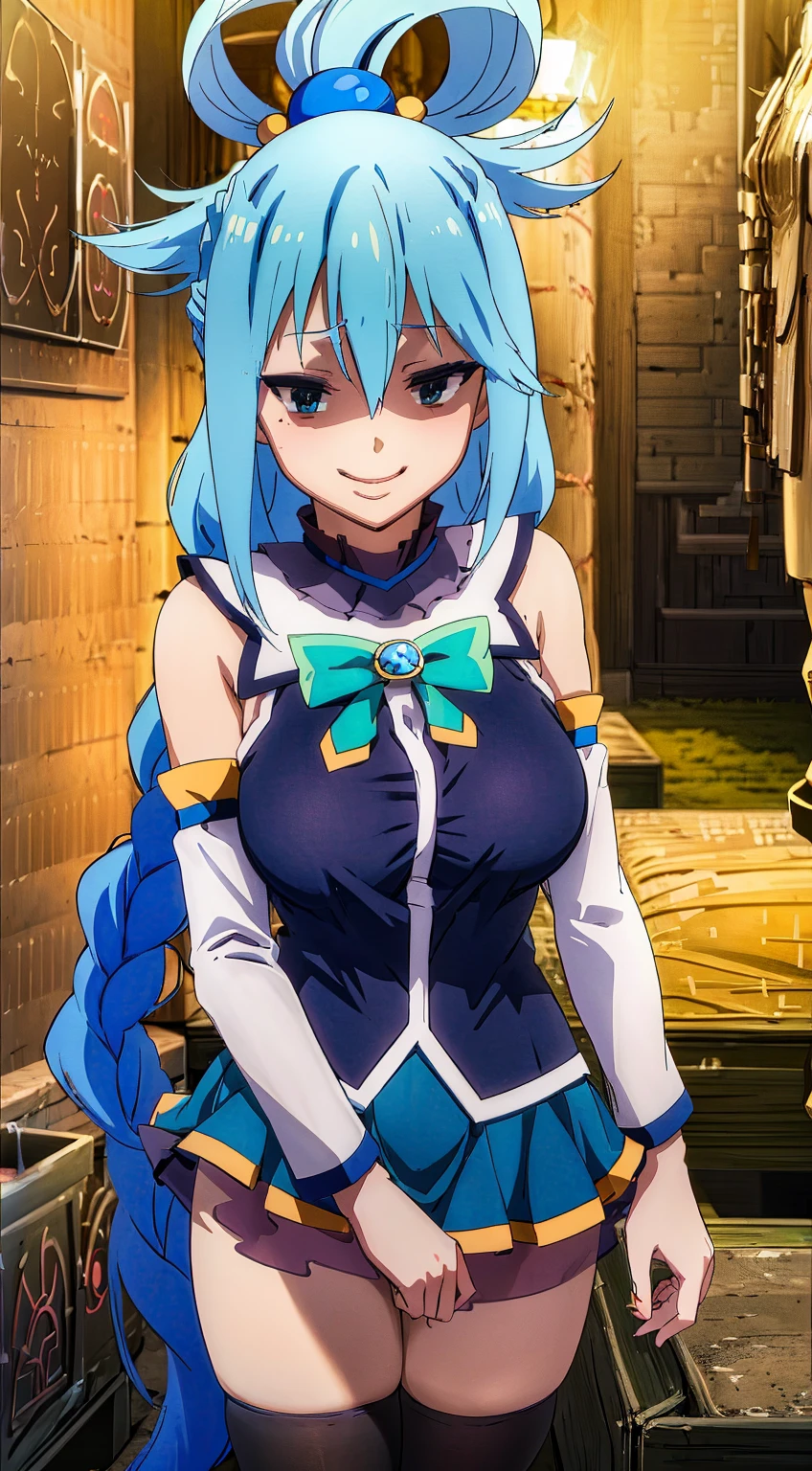 (masterpiece, best quality:1.2), expressive eyes, perfect face, highres, 1girl, solo, aaaqua, long hair, blue hair, hair rings, hair ornament, choker, bare shoulders, green bow, blue shirt, detached sleeves, blue skirt, thighhighs, happy smiling, standing, upper body, portrait, looking at the viewer,curvy,,oily skin,shiny skin,most evil huge laugh,lipstick,sadistic smile,deep shaded face(eyes in shadow),singlebraid,smile worst,worst ridecule,most evil moukery,,onebraid,,two hands,five fingers,dark aura background,A face full of evil,most evil ridicule,,horor, Violence, , The Empowerment of Evil, monster,naughty face,seductive smile,evil smirk,ojou-sama pose,oily skin,shiny skin,