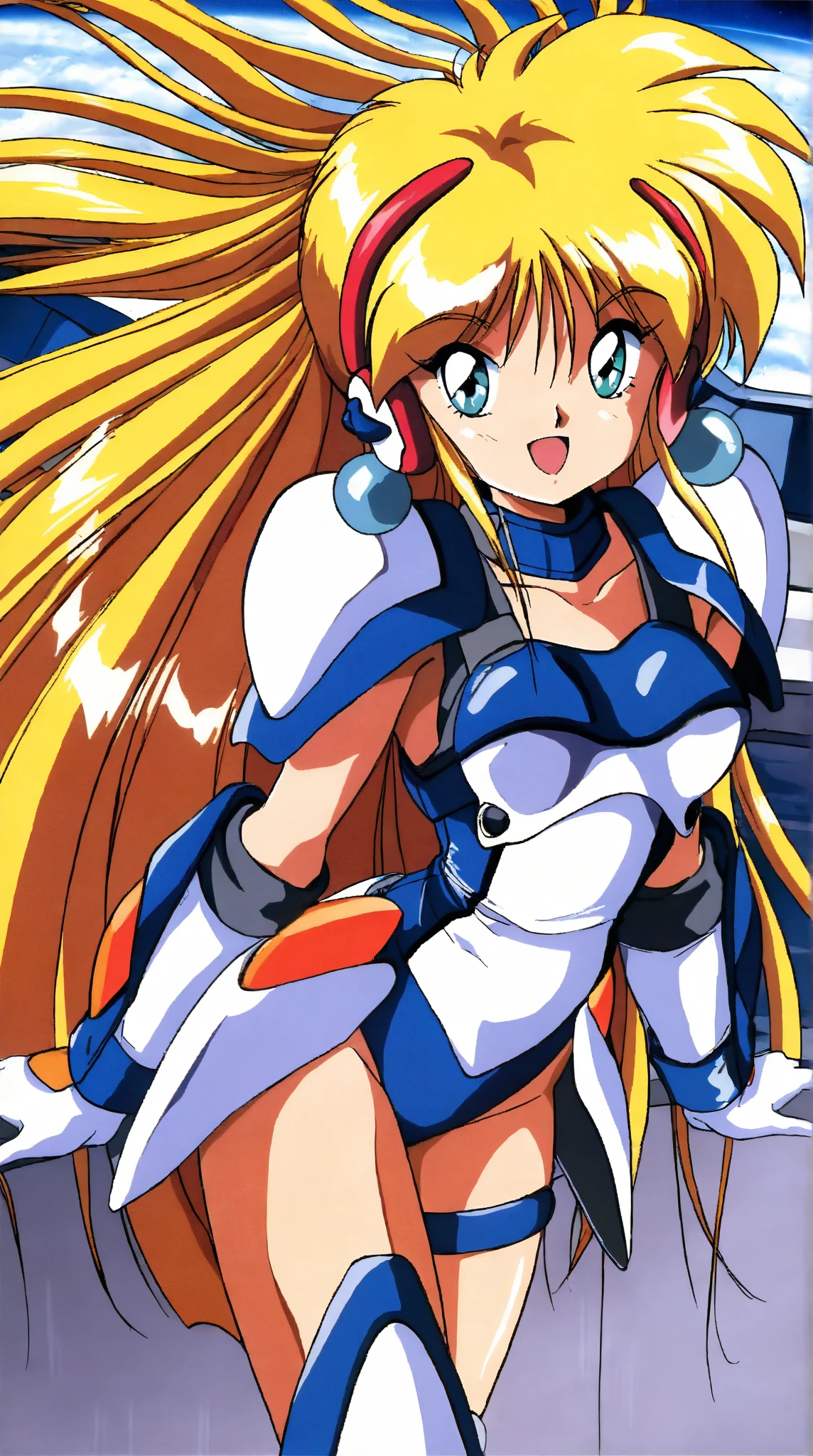 <lora:yunaGODReMixV00002:1>        \yuna(GOD)\  1girl  green eyes, long hair, thigh strap, blonde hair, armor, gloves, leotard, Yelbow gloves,  blue leotard, pauldrons, shoulder armor,