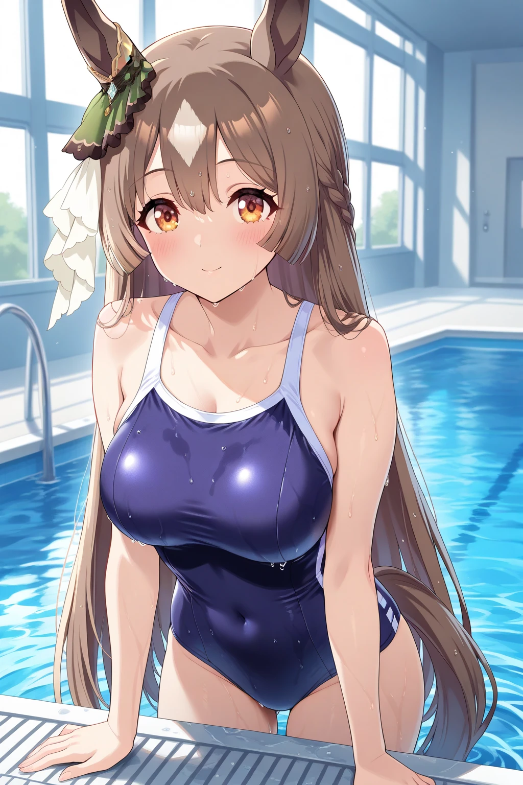 (((Satono Diamond,umamusume,horse ears, Uma Musume,))) horse tail,Green Ribbon,hair between eyes,brown hair, very long hair, spread hair, french braid,brown eyes, princess cut, white skin, shiny skin, gleaming skin, glistening skin, glamorous, teenager, huge breasts, (((black competition swimsuit,))) (((Ocean,))) wariza, (((Wet,))) blush, anguish, Oil, (((((humid,))))) (lying, on back,) (afterglow,) blush, open mouth,