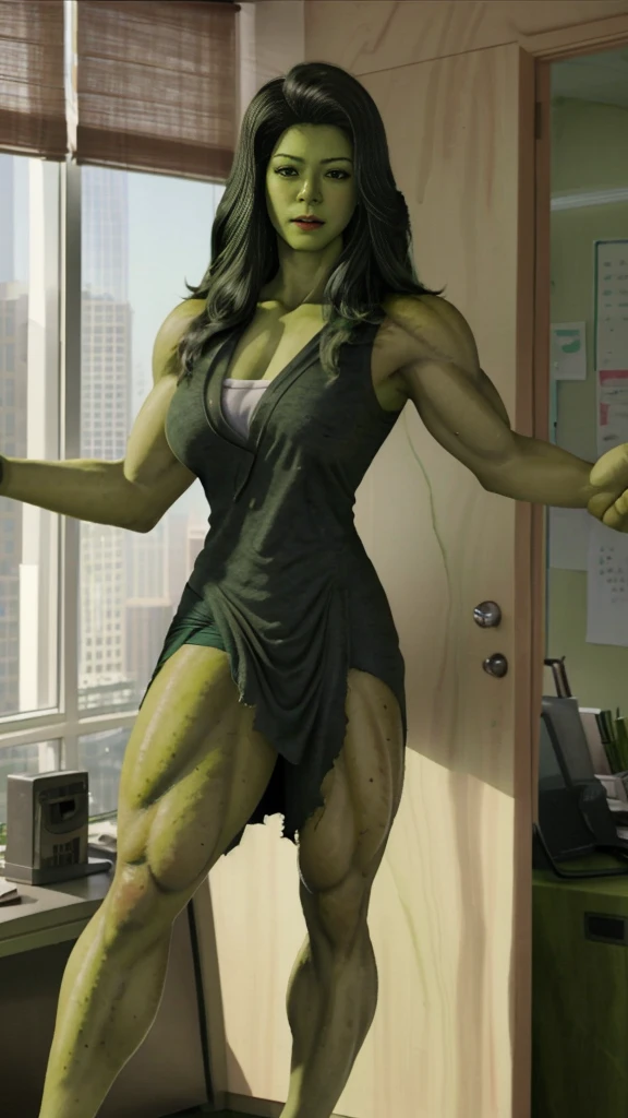girl,best quality,green skin,hulk girl,smashing through door in office,torn clothes,,, she hulk, she - hulk, muscular female, alternate muscle size, hulking,muscular leg,, portrait shot, digital art,