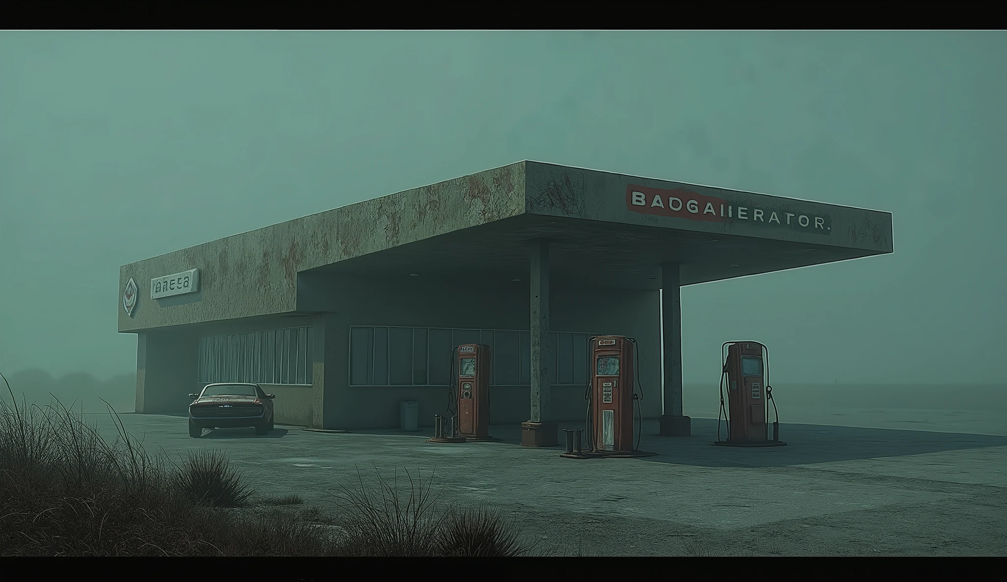 A spooky gas station, abandoned, dark, unreal, liminal, creepy, high detail, masterpiece.
