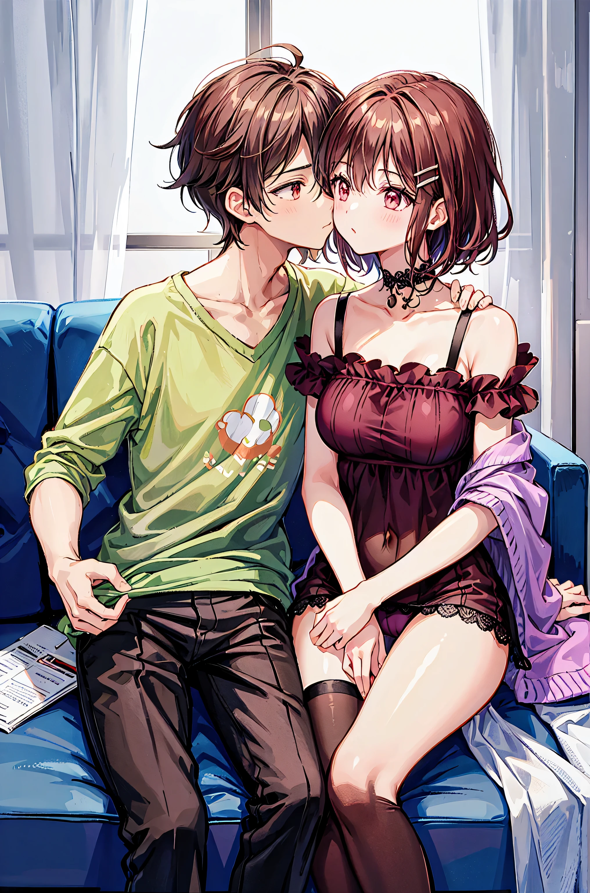 Couple in their 20ale1名, woman1名、Both men and women should wear casual attire.、Shiny atmosphere、woman(Medium long brown hair)close ~ eye、Sweet Sigh、male(Black Short Hair、右手をwomanの頬に当てる)tightly close your eye、With background(room、sofa)、The night deepens、dark、Anatomically correct limbs、The girl is a little thin,fun,Ideal couple,French kiss,Girls blush,