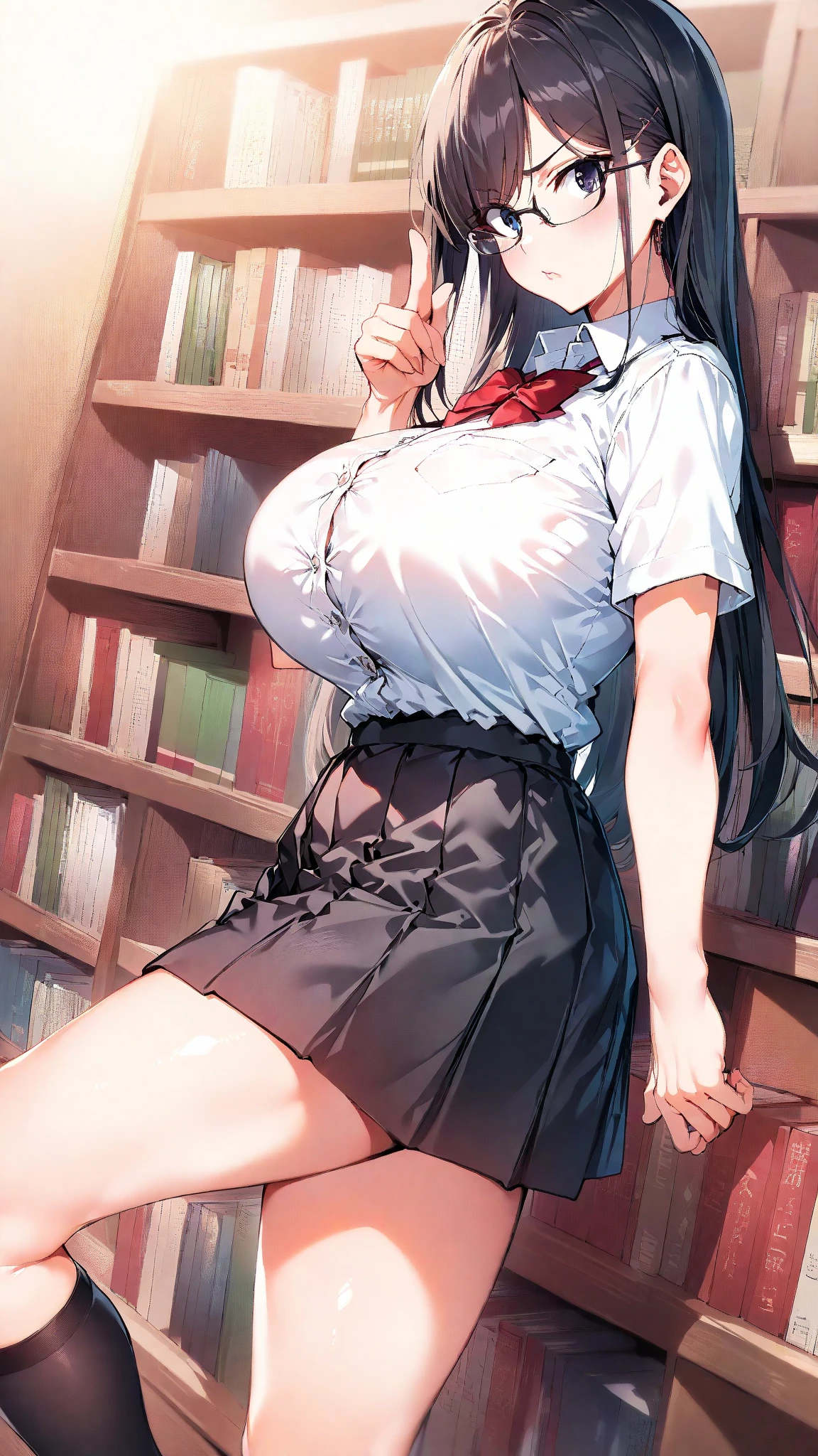 (A young attractive woman, very busty, long black messy hair like she just woke up, confused embarrassed expression, white open blouse revealing her light pink bra, black skirt unzipped at her ankles, soaked pink panties, red scarf) she is hot and flustered lying on her back on her desk legs spread, her body is being rocked as if she was having hard sex (breasts bouncing, body rocking back and forth), her panties and thighs are soaked with her cum. (subject 2: In the back of the class room a girl is drawing arcane symbols on her work papers and watching her teacher with an evil grin)
