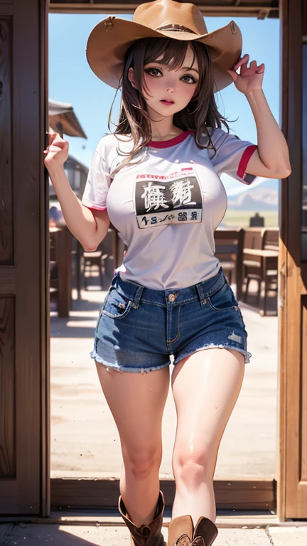 Japanese woman in a red bikini、 ((highest quality)), ((intricate details)), (((超realistic)), absurd solution, law of near and far, very detailed, realistic, 1 girl, ((big breasts)), perfect hands, perfect fingers, beautiful and fine eyes, ponytail, brown eyes,(T-shirt:1.2),, detailed background, , perfect eyes, enchanting eyes, laughter、thighs、((From the side:1.3))、look back、(((Full body photo)))