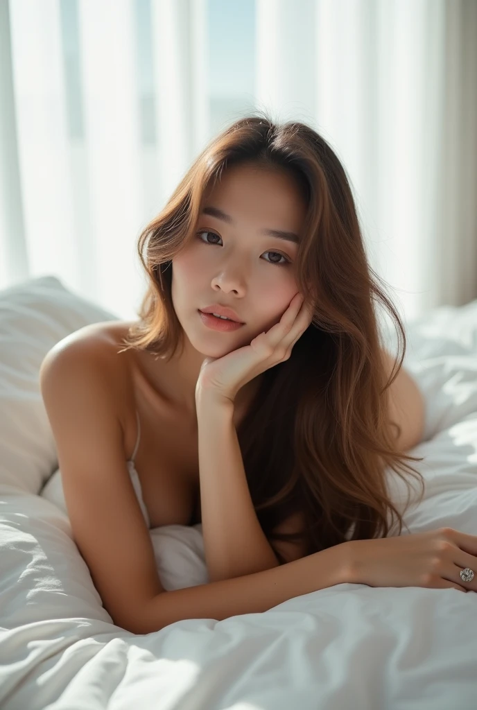 (young teen Brenda Song teen girl, blue eyes:1.6), (no panties:1.8), (naked, nude:1.5), (Without clothes, no bra:1.9), (long, wavy hair:1.6), blue eyes, detailed eyes, detailed lips, perfect nipples (lies nude, full body:1.5), (lies face up on bed:1.6), low neck, ray tracing, (best quality, 4k, 8k, high resolution, masterpiece:1.2), very detailed, (realistic , photorealistic, photorealistic :1.37), HDR, UHD, masterpiece, professional, vivid colors, bokeh, studio lighting
