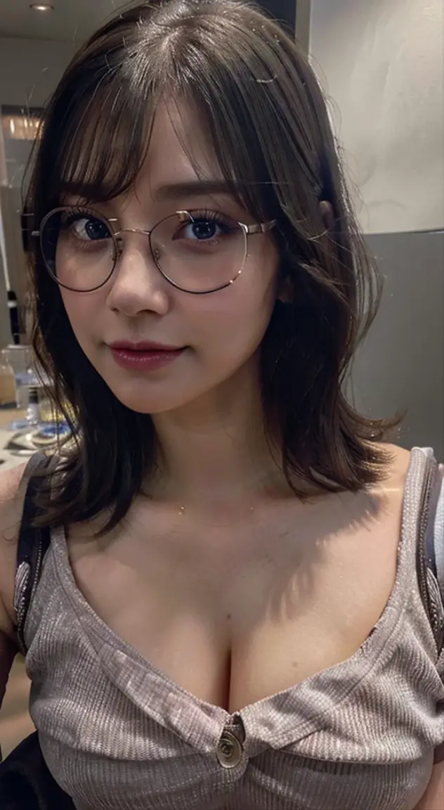 Realistic、Masseter region、highest quality、High resolution、RAW Photos、Realistic、Bright lighting、Face Light、Smooth Professional Lighting、alone、Japanese women、Half Beauty、Adult female、Beautiful woman、Modeled、so beautiful、Realistic skin、Realistic face、Beautiful Eyes、Brown eyes、Inconspicuous tear bags、slim、Medium sized big breasts、Brunette colored hair、Looking into the camera、Looks happy、short hair、Cool Beauty、Camel Toe、lingerie、Glasses、Leaning forward、The camera is looking at the chest from above.、Her cleavage is visible、