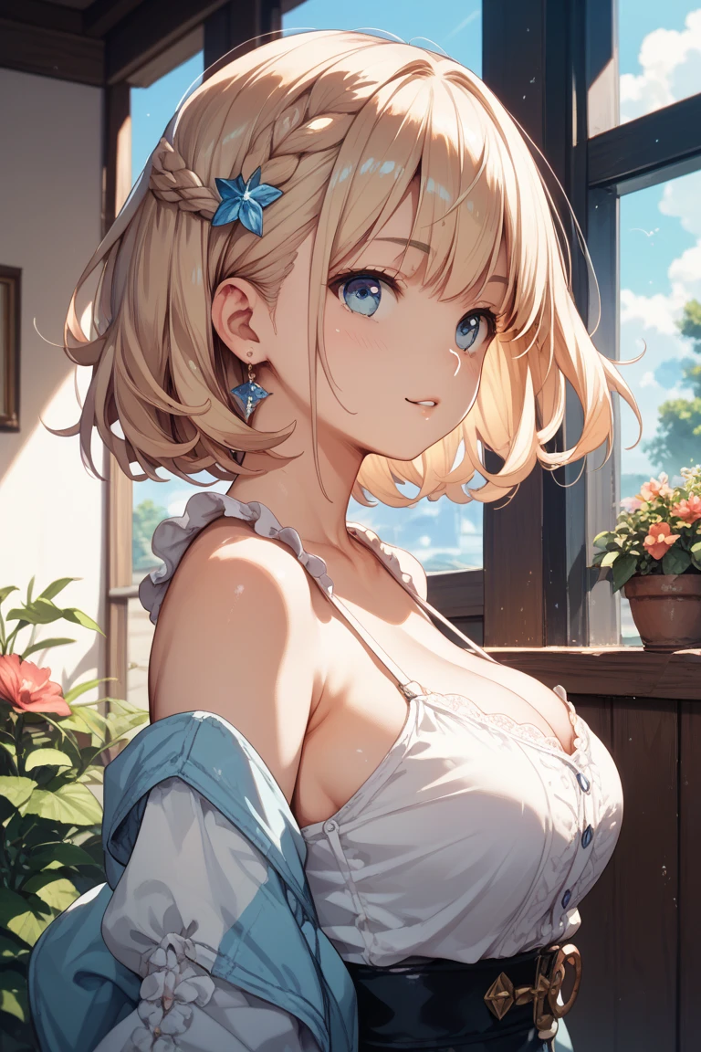 Absurd, Very detailed,Bright colors, Very beautiful and detailed anime faces and eyes, Look straight, ;d, Shiny_skin,Age 25, short hair, , Asymmetrical bangs, (Blonde short twin tails:1.4),(I wear clothes:1.7),(Bra very:1.4),Shiny hair, Delicate and beautiful face,(surprised:1.7) ,blush,Sweat,blue eyes, White skin, Valletta, Earrings, necklace,(Brown sleeveless:1.2), Beautiful Clouds, Twilight Sky,