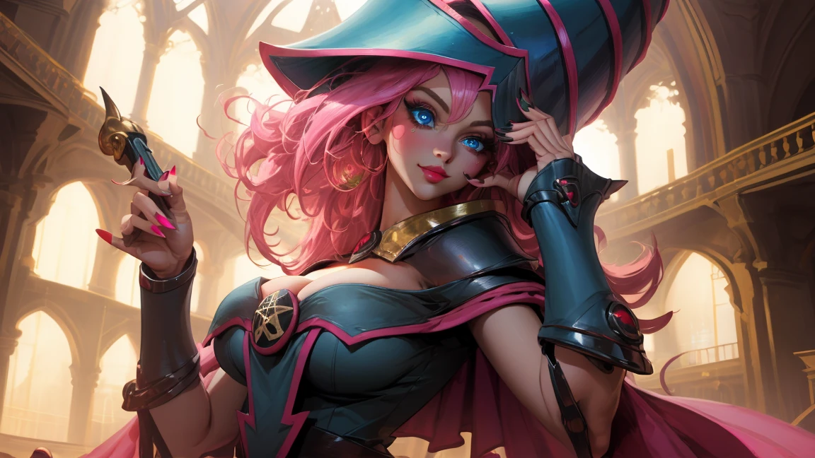 Create the beautiful face of dark magician gils. blue eyes. Extra long eyelashes. Thick Eyelashes. big eyelashes. pink lips. Tez blanca. blond hair. Tender girl smile. dark wizard gils