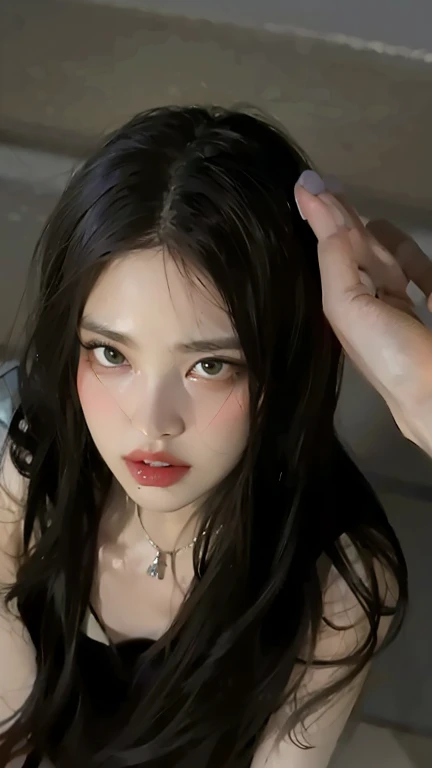 there is a woman that is sitting down with a cell phone, ulzzangs, Choi Hyun-hwa, jaeyeon nam, young lovely Korean faces, 8k selfie photograph, wan adorable korean face, lee ji eun, Lee Ji-eun, Face picture, blackpink jennie, Korean girl, with round face, taken with sony alpha 9