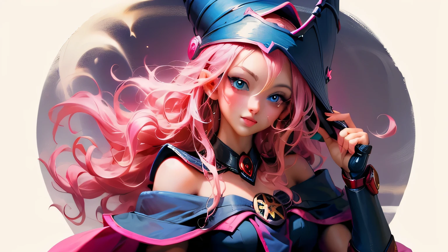 Beautiful face of dark magician gils. long eyelashes, blue eyes. pink lips. long blonde hair. curly hair. exposed shoulders, angelic smile, beautiful well detailed face of the dark wizards gils. Dressed as a sexy schoolgirl. She is flirtatious with the viewer... sexy schoolgirl.