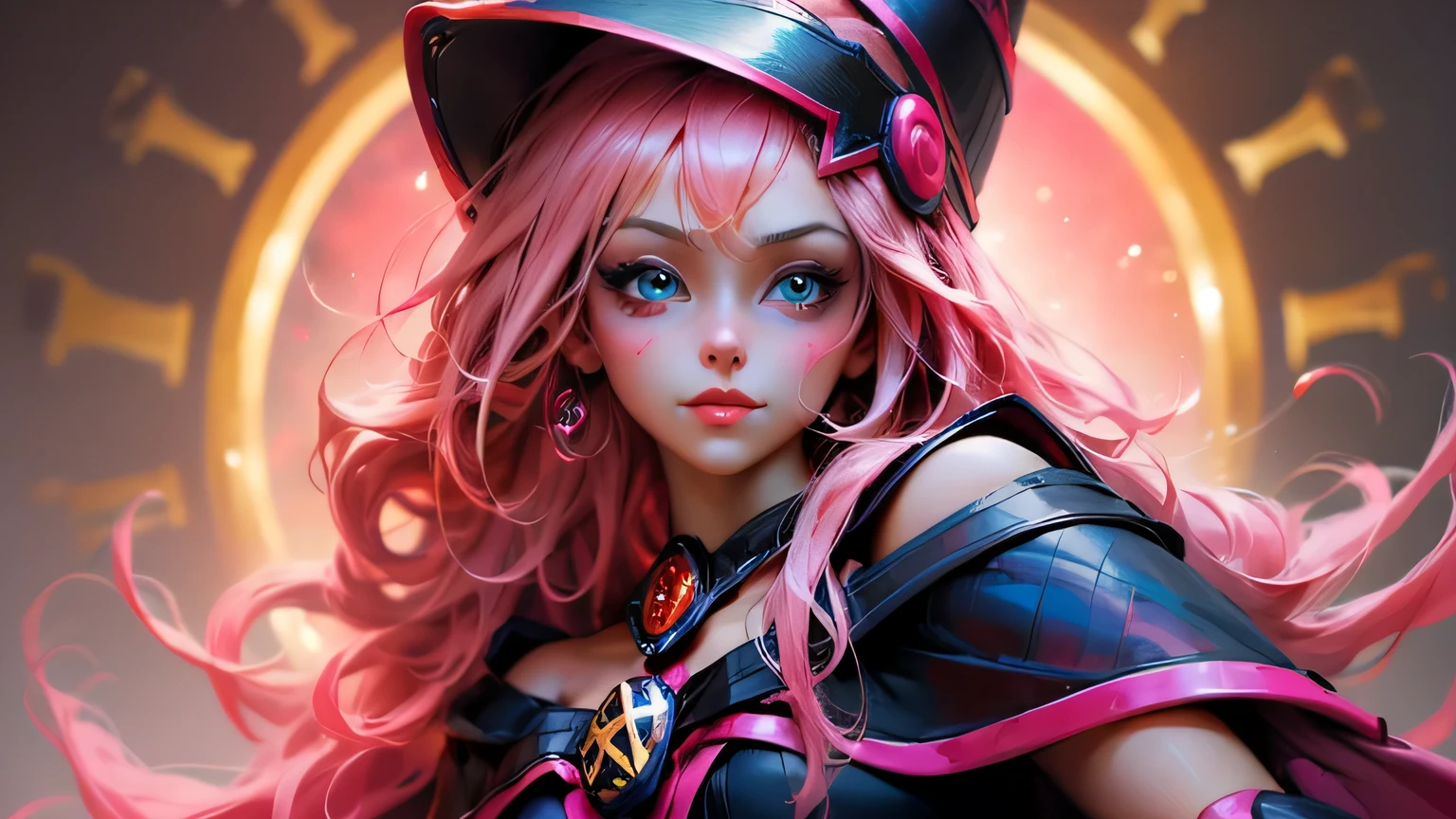 Beautiful face of dark magician gils. long eyelashes, blue eyes. pink lips. long blonde hair. curly hair. exposed shoulders, angelic smile, beautiful well detailed face of the dark wizards gils. Dressed as a sexy schoolgirl. She is flirtatious with the viewer... sexy schoolgirl.