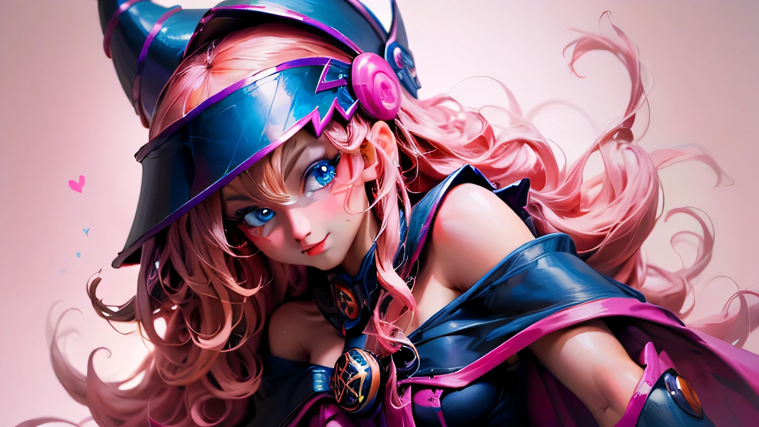 Beautiful face of dark magician gils. long eyelashes, blue eyes. pink lips. long blonde hair. curly hair. exposed shoulders, angelic smile, beautiful well detailed face of the dark wizards gils. Dressed as a sexy schoolgirl. She is flirtatious with the viewer... sexy schoolgirl.