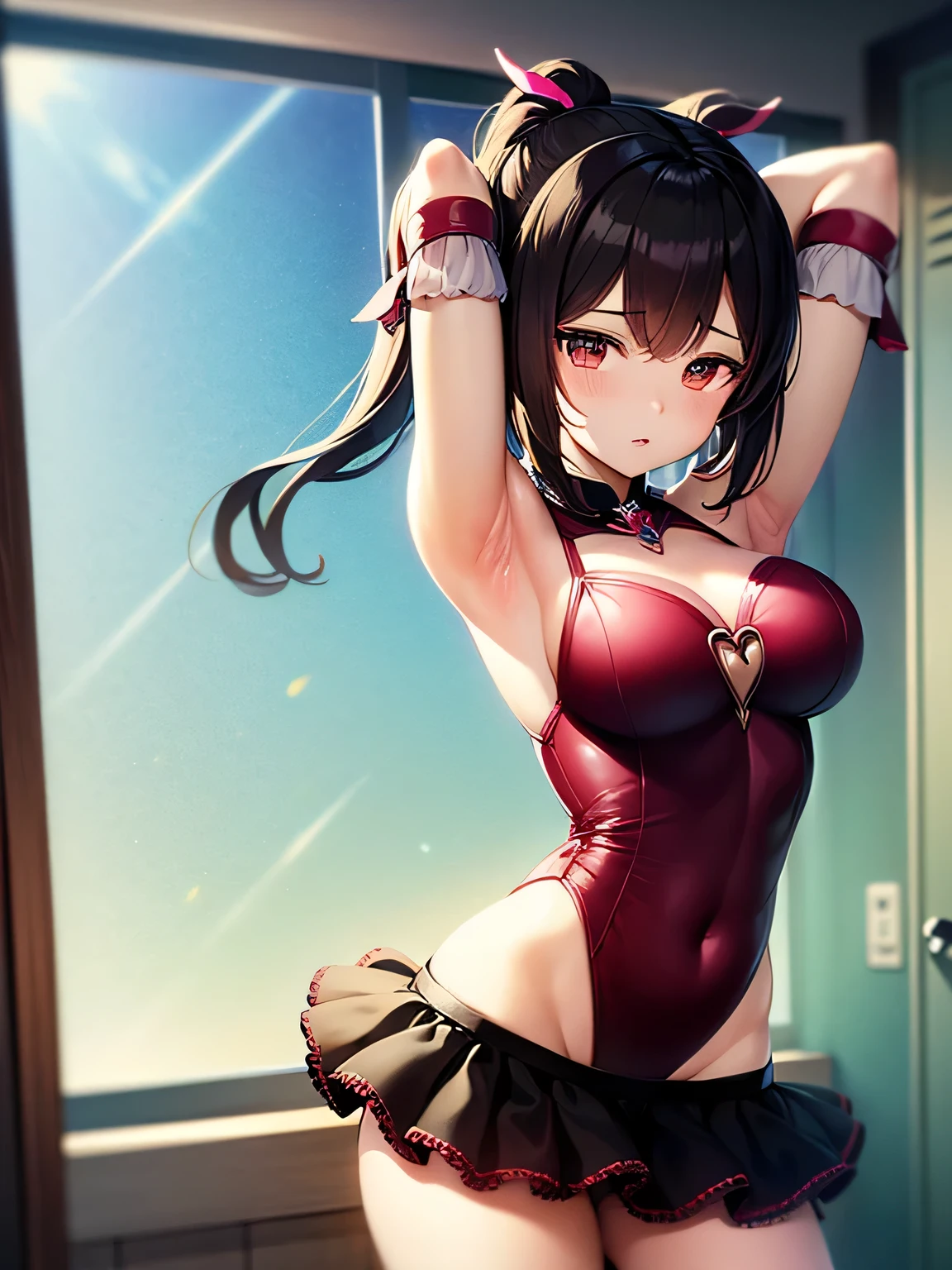Lumen Reflection、Natural light、（masterpiece，Highest quality），Exciting、Three pole color matching、elegant、Looking at the viewer、1 girl、woman、(Underboob)、solo、blush、Open your mouth、smile、Dark Brown Hair、Twin tails、Red eyes、ribbon、赤いribbon、髪のribbon、Crop top、Off the shoulder，camisole，No sleeve，Sleeveless、white collar、Ultra Micro Mini Skirt、Pink Skirt、Pleated skirt、Frills，Raw wrists，barefoot，Belly button piercing？，Metropolis，Megalopolis