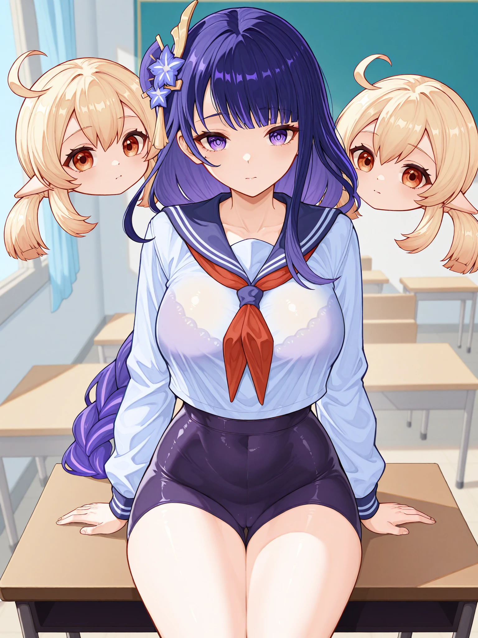 Highest quality、High resolution、Detailed Background、Artistic、mysterious、Beautiful face in every detail、Teenage beauty、Huge breasts、Detailed facial expressions、Light-colored hair、ponytail、Bobcut、Perfect body line、Glasses、Navy blue sleeveless sailor suit、White sailor collar、Navy blue pleated skirt、White Stockings、A big smile、laughing、A fun atmosphere、
(Bottom view of two little girls sitting at a desk in a classroom:1.5)、Emphasize cleavage、Show your side、cute