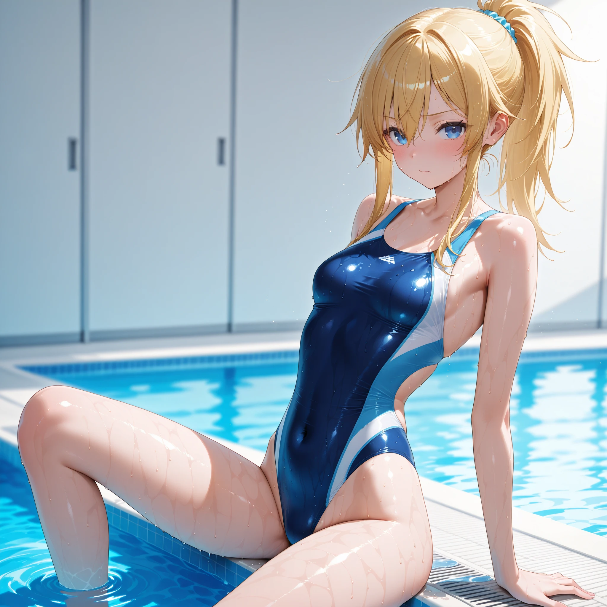 Top image quality、8K picture quality、hightquality、Detailed picture、1girll、独奏、full body Esbian、Marie Rose、Twin-tailed、A smile、Embarrassing、red blush、small plump breasts、small tits、(protrusion at the tip of the chest:1.6)、(Slender body))、(Nipple sheer:1.5)、((Shiny Blue Metallic))、((Sleeveless))、((See-through competition swimwear:1.3))、(highleg:1.3)、(Stick hard into the crotch)、(Hard hollow in the crotch:1.3)、((Squat Opne Leg))、((fellatio gesture:1.3))、(open mouth)、 (Crotchgrad:1.3)、((Black High Socks:1.3))、((Brown loafers:1.3))、(gazing at viewer)、(Facing the viewer)、(Keep your feet open to your audience)、(white thighhig)、(Cameltoe)、in poolside、profetional lighting、Professional filming、Frontal shot