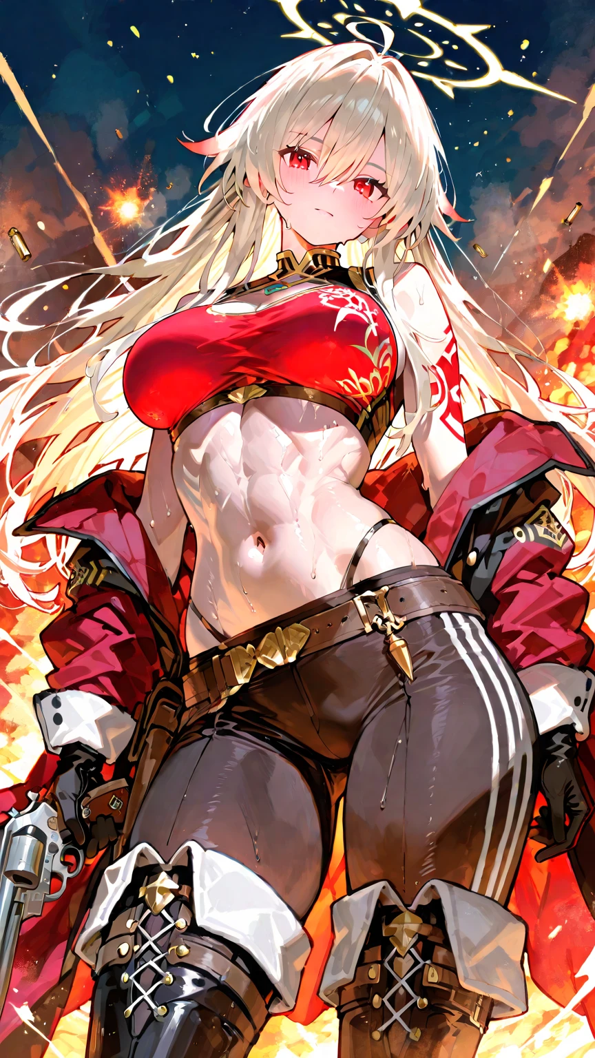 a woman standing at a symmetrical low angle, from below, barefoot, smiling lustfully with red blush, hands on hips, big knockers masterpiece,best quality, 1girl, solo, dark, night, crazy smile, looking at viewer, standing, black background, cowboy shot, arms behind back, medb \(fate\), peaked cap, red thigh boots, black skirt, military uniform, white gloves, hair bun,