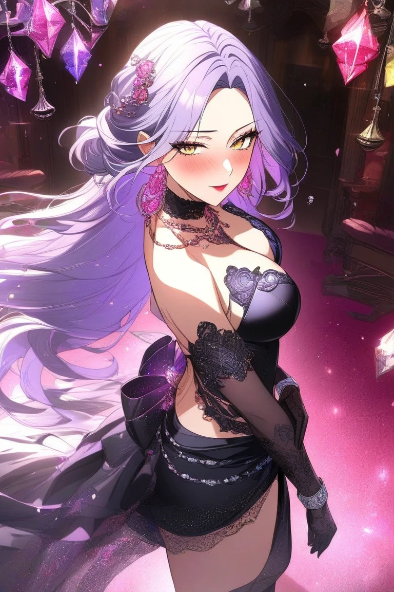 silber hair，butterflys，long whitr hair，8k wallpaper，detailedbackground，Highest high resolution，deep v big breasts，Hair covers one eye，Bandeau，chies，Purple roses，tight-fitting，