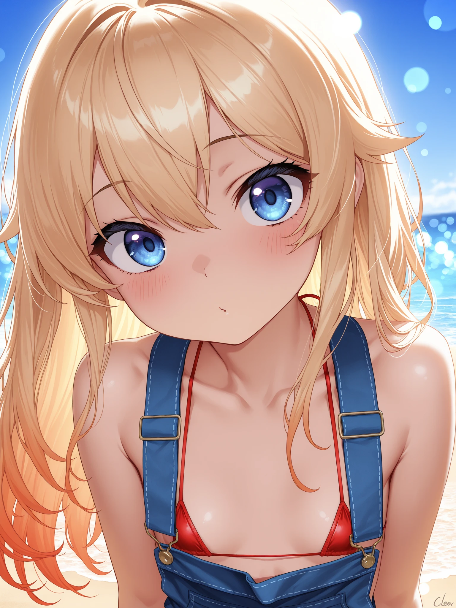 Beautiful woman, Blond hair blowing in the wind, Sparkling blue eyes, Realistic, masterpiece, Detailed, 4K, Beach Background, Detailed light, A small smile, White skin