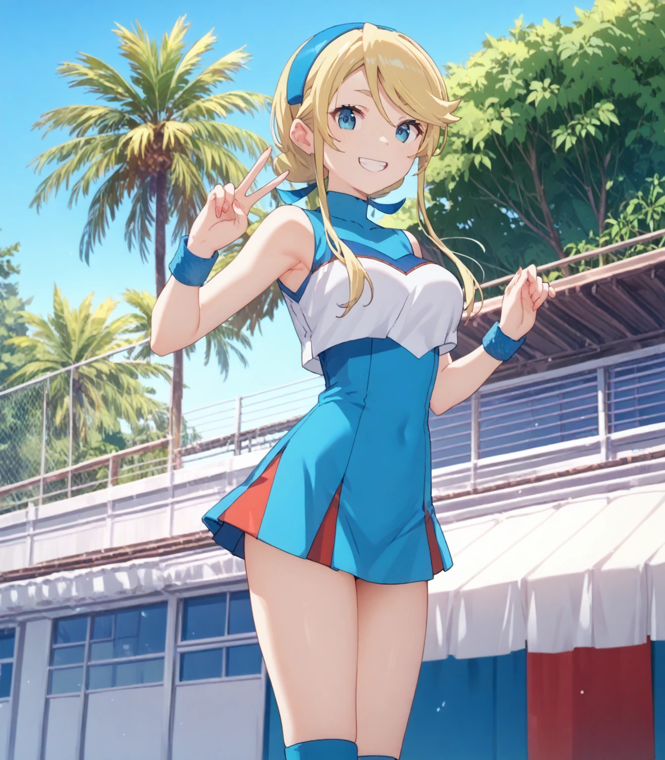 (1girl in:1.2), (Solo:1.2), masutepiece, nffsw、Shaders、Brilliant Textured Work、Ultra-detailed eyes、ultra-intricate pupil in eyes、top-quality、Race Queen Costumes、shiny white gloves、a blond、long pony tail、Narrow-eyed、Tsuriformes、sharp eye、red eyes、very large breast、underboob、Navel、Shoulder out、(Glossy white tube top:1.1)、(Strapless:1 2)、(Shiny white mini skirt:1.1)、pantie shot、(Put one hand on your hip:1.3)、(thin-waist:1.2)、long limbodel body type、(Glossy white boots:1.1)、seducting smile、Standing picture、(outdoors:1.1)、(Racing Circuit:1.3)、lawn、big red ribbon、(white clothes:1.1)、Throwing Kisses、