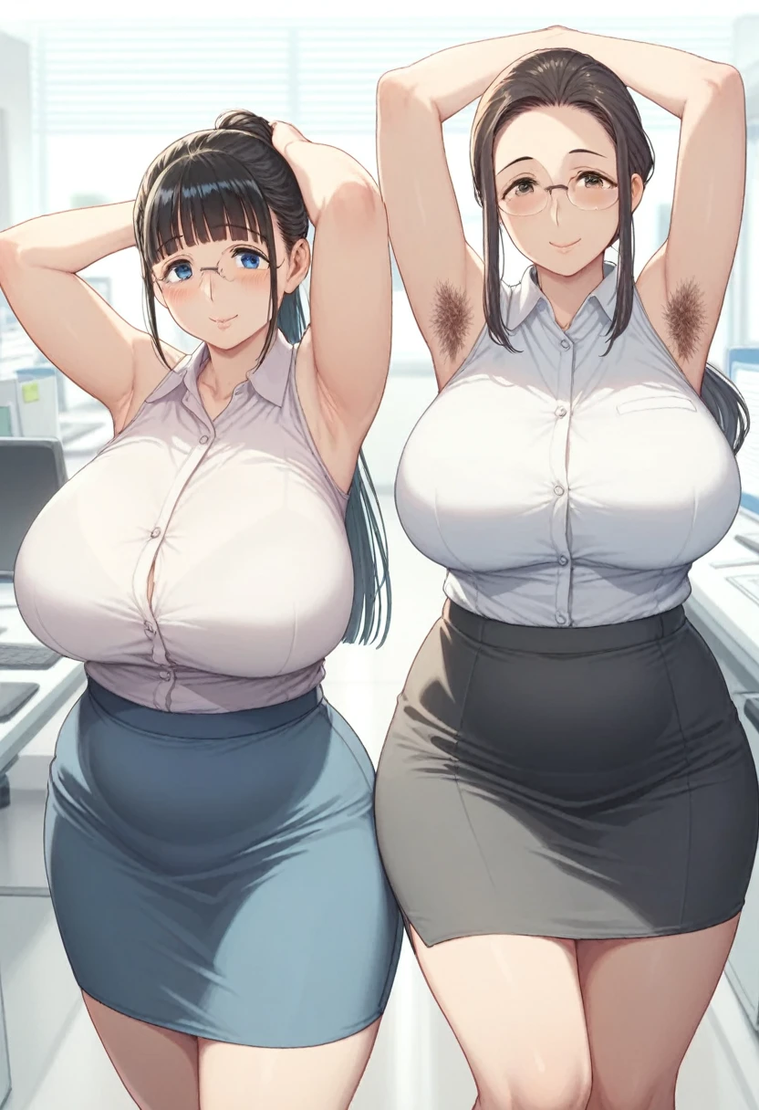2heads, a thick woman with two heads. She is in a corporate office with cubicles. She is wearing an unbuttoned plaid flannel shirt, t-shirt underneath, and black pants. She has messy long curly dark hair. She has baggy eyes. Tall. She has a big thighs.