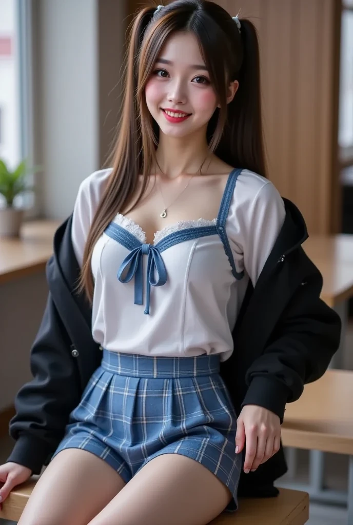 (8k、RAWphotograph、highest quality、masterpiece:1.2),(spread your legs wide,spread your legs wide open),(long bob cut),looking at the viewer,Looking at the front,strong,erotic,student,Light green Bra,white skin,knees,(black pantyhose),absurd,small face,前hairを真ん中から分ける、I can see the forehead,(please be shy,きついeye,glare,strong,skinny,skinny,I get irritated)、masterpiece,highest quality、ultra high resolution,raw panties,only,beautiful feces,one person, one personで,whole body、cute、Return to student,JK uniform,high school girl,japanese woman,Are standing,(Photoreal:1.37)、photon mapping,realistic、cutesmall face,茶色のeye、black socks、(red bow tie)、radio city、物理ベースのonlyダリング、Qianyoshi、written boundary depth、blurred background、photograph,girls、body,beautiful feet, long legs, thin legs,Tie your hair into one strand on your chest,(前hairが見える), hair, lips, green_eye, soft nose,(light blue shirt), (navy, Blue and white plaid pleated skirt), kneesが見える,thin clothes,, thigh, black cotton socks,Nogizaka Idol, actress, Japanese ID、big and full breasts、cleavage、Unbutton your shirt and look at your chest、(The detailed shape of the female genitals is clearly visible: 1.4), masturbation girl,whole bodyphotograph、lift up the skirt yourself、super fine、low person、No panties、No panties、No bra、No bra、No pubic hair、genitals are wet、on the hotel bed、dim room、Black kneese-high stockings、Black kneese-high socks、