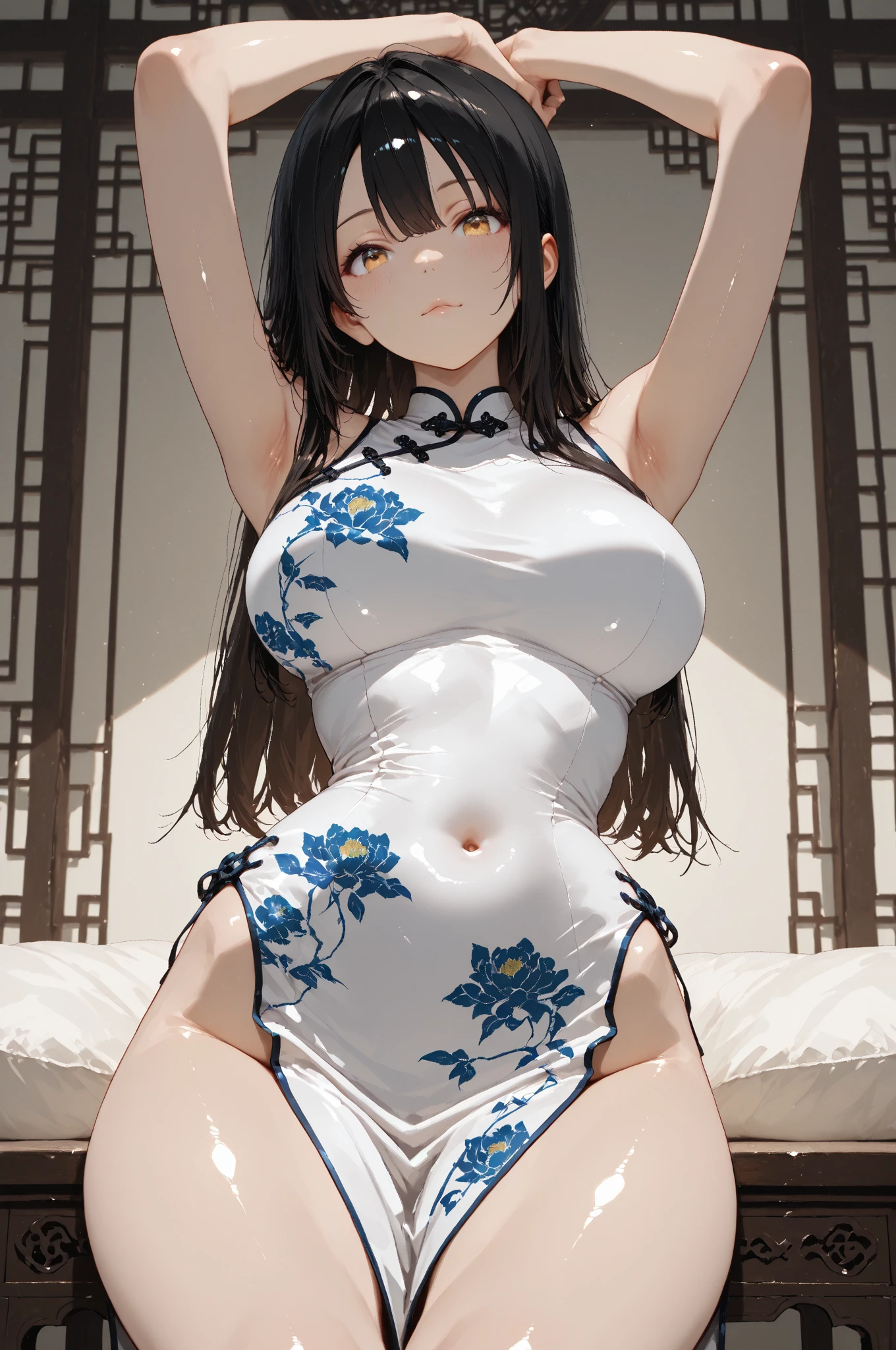 ((masterpiece)), ((Highest quality)), (((1 slender girl))), (Very detailed),(Solo Shooting、Get closer to your audience),((cute)), ((Very detailedな顔)), 4K, (8k), Highest quality, (beautiful), ((Huge breasts:1.4)), ((Large Breasts)),((Light blue long twin tails)), (((Lace Lingerie,See-through))), ((Lace Stockings)),(((Girl sitting on bed:1.3))),((Perfect body)),blush、Captivating body,Embarrassing、Embarrassed、Open your mouth