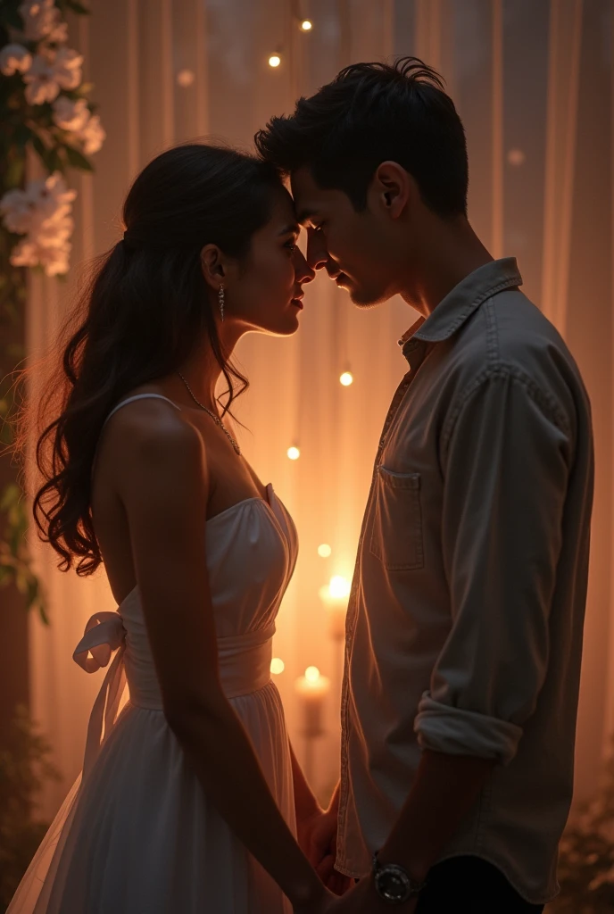 A photograph capturing the essence of love, bathed in soft, warm lighting. Two lovers, lost in a tender embrace, their hands intertwined, speaking a language only they understand. Roses, their deep red petals bursting with passion, create a captivating foreground. In the background, a picturesque, starry night sky lends an ethereal charm to this scene of pure romance. Love letters strewn around, bearing heartfelt messages, serve as silent witnesses to this timeless connection.
