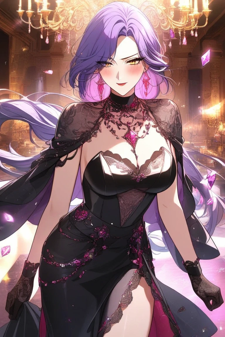 black hair, violet colored dress, violet eyes, gigantic breasts, cleavage, bare legs, smiling