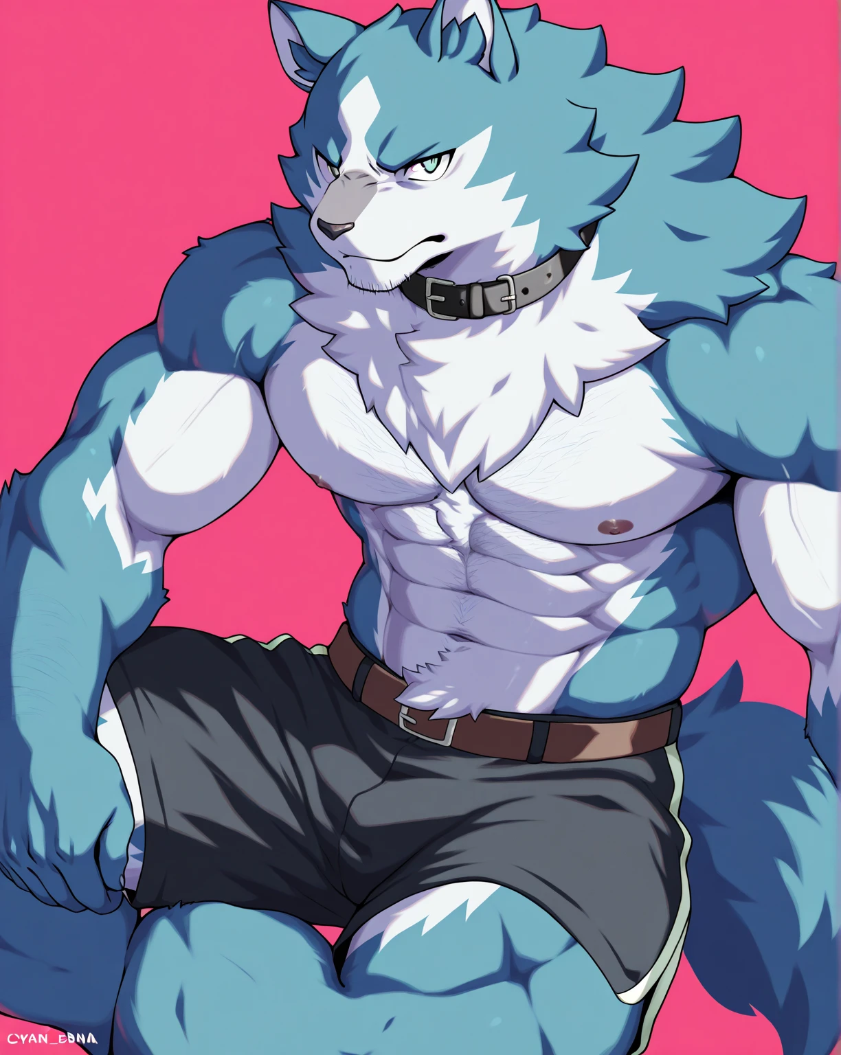 male wolf, cute face, kemono, (blue wolf), naked, smile, thong, sexy, thick, simple background, high res, best quality, masterpiece