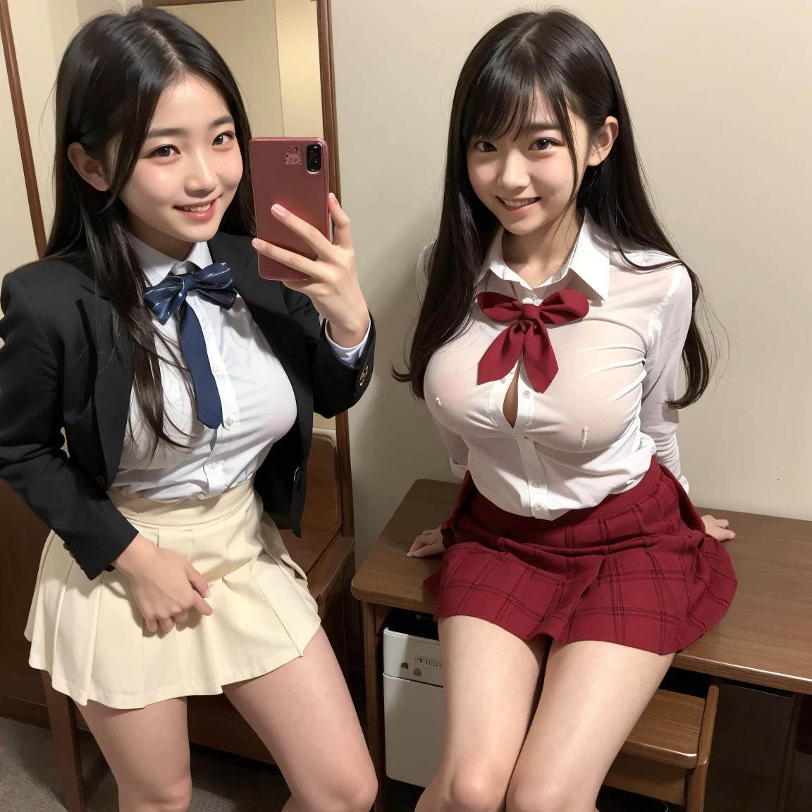 8K, RAW portrait ,masterpiece、Photoreal:1.3、realistic, 超A high resolution, highest quality, real life photos ,( At night :1.1),
(((2 girls:1.4))), (((Two girls showing off their panties in a bedroom late at night:1.3)))、((Japanese high school uniform:1.4))、((school uniform、cardigan、plaid pleated skirt、A bow tie))、 long hair,,slender body,、in the room、
big, beautiful, fine eyes, black hair、 ((dark brown eyes:1.5))、(realistic skin texture:1.3)、(An immersive atmosphere:1.0、chiaroscuro:1.2) 、(look viewer:1.5)、((embarrassing:1.5))、(laughter:0.95)、((My cheeks turned red:1.3))、((ceiling seen from below:1.2))、(open shirt:1.1)、((Nipples protruding from the bra))、((Pull up your skirt to show your panties.))、((Upskirt))、(((small breasts:1.6)))、(((small breasts)))