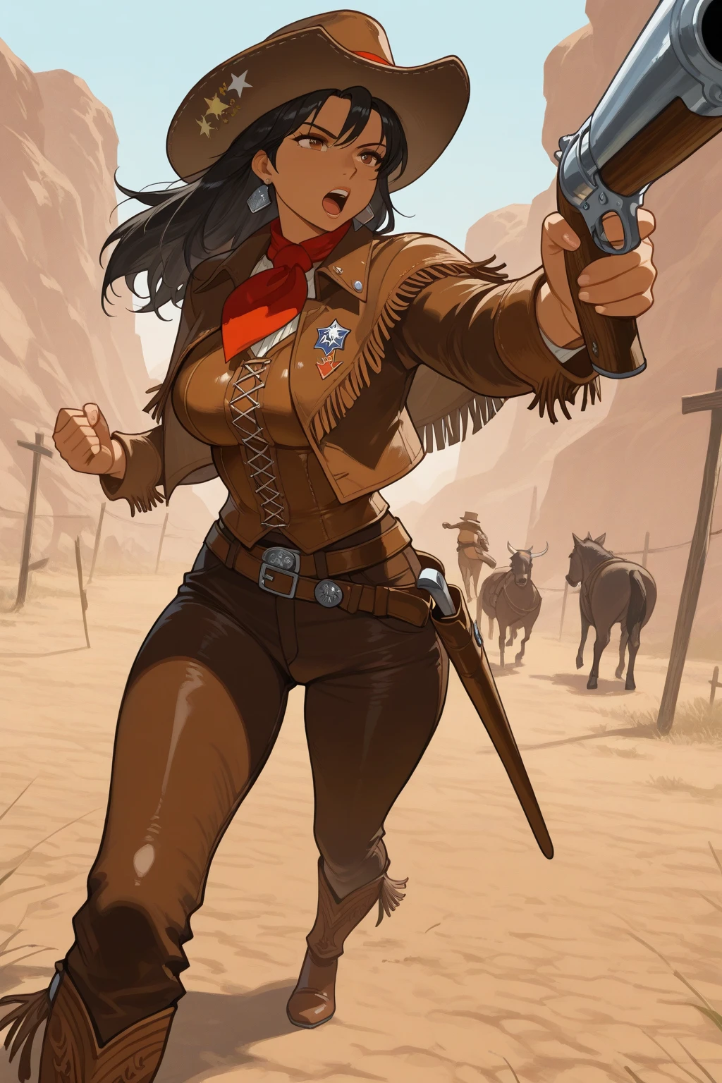 One girl, cowboy_hat, dark_skin, blue_eyes, western, NSFW, desert, holding a revolver, cowboy_outfit, open shirt, ripped clothes, sweating, dirty,