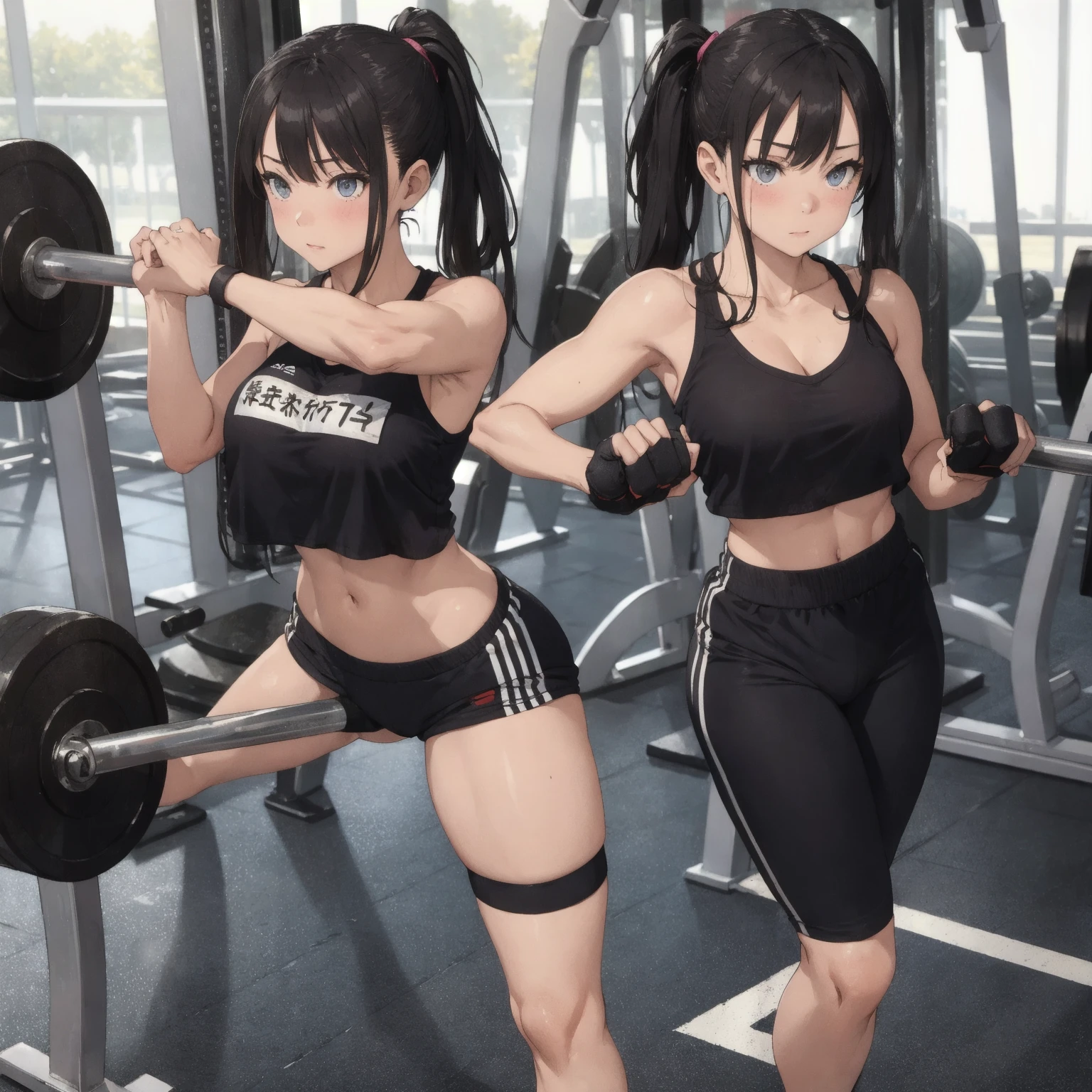 ・28 years old
・1 female
Physical Description
・ Medium height and muscular body
Strong thighs and curved waistline
・ Wide shoulders、Clear muscle lines are visible on the upper arm.
・ The skin is sunburned.、Muscle bumps are clearly visible

Dress
Black sports bra and high-waisted tight leggings
Ankle-length red sports shoes
• Wristband with black and white stripes on wrist
・ Ponytail with hair tied high

facial expression
・ Frowning slightly.、Concentration
・ Surely tie lips、Show a single-minded attitude to training
・ Keep your eyes firmly looking ahead、Makes you feel the strength of will

Discipline you are training for
・ Squats：Weight training with a barbell to train the muscles of the thighs and 