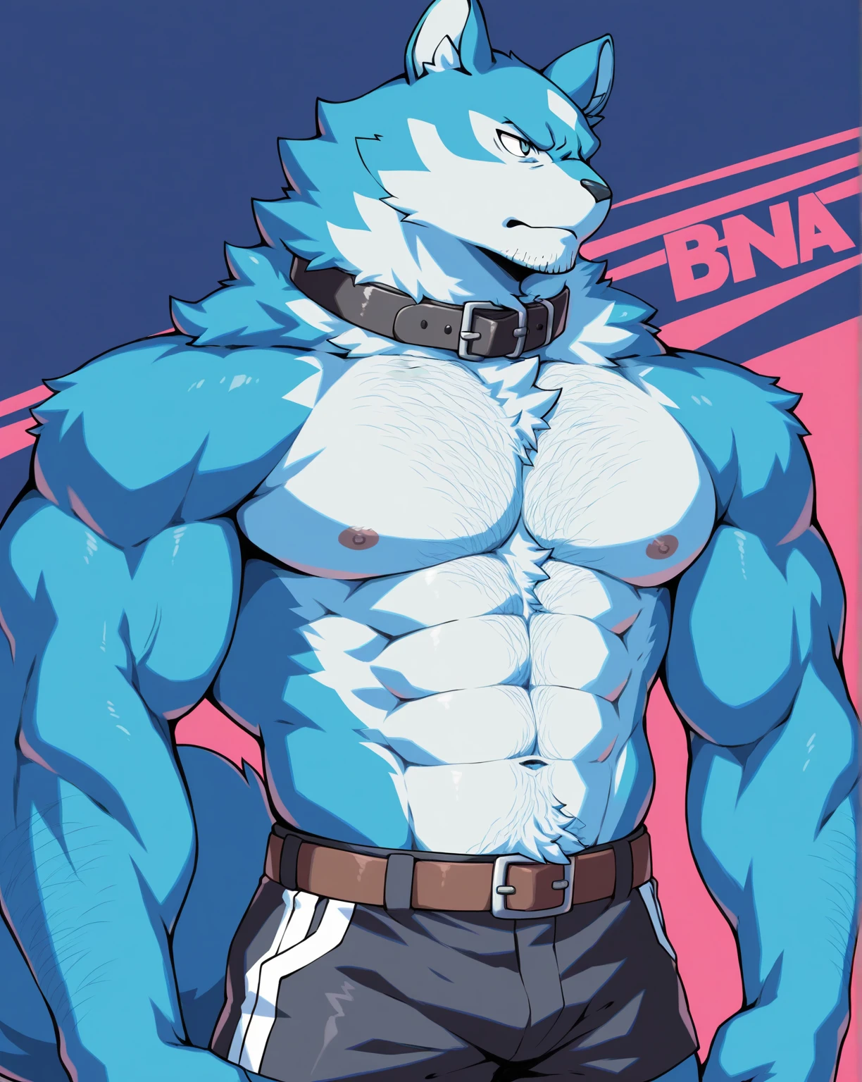 polar bone, muscular, purple eyes, with black sleeveless shirt, purple underwear