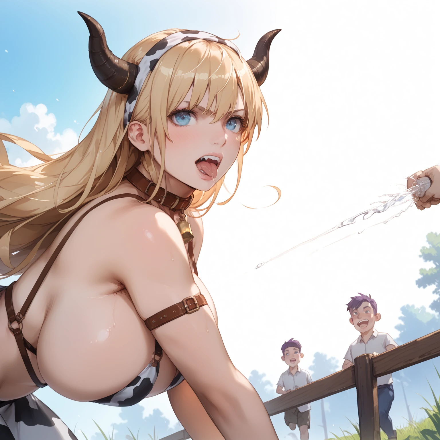 best quality, masterpiece, (absurdres), 1girl, solo, looking at viewer, smile,
centaur, taur, centorea shianus,
(brown fur:1.1), huge breasts, ascot, blonde hair, blue eyes
(black skirt:1.3), white shirt, sleeveless, back view,